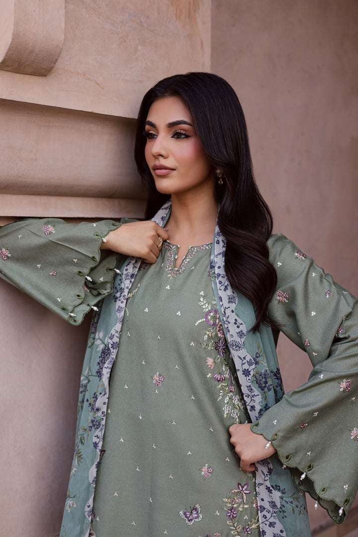  Sage Flower 3Pc - Embroidered Karandi Dress BATIK WINTER PRET 2025  BATIK   XS / Sage Green / Karandi-S / Sage Green / Karandi-M / Sage Green / Karandi-L / Sage Green / Karandi-XL / Sage Green / Karandi
