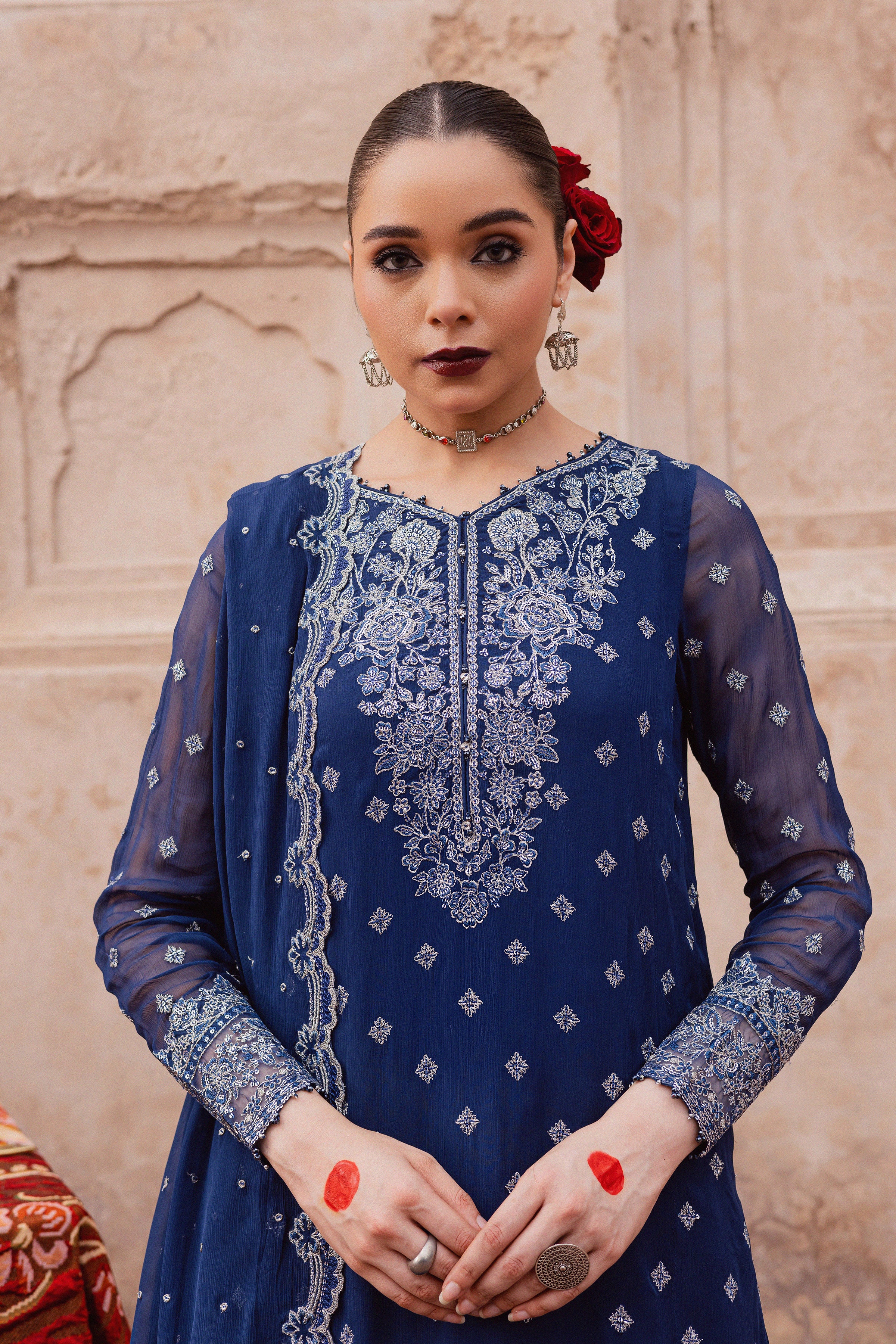  Sereene Sapphire 3Pc - Festive Luxe Pret BATIKLuxePRET  BATIK   XS / Royal Blue / Chiffon & Raw Silk-S / Royal Blue / Chiffon & Raw Silk-M / Royal Blue / Chiffon & Raw Silk-L / Royal Blue / Chiffon & Raw Silk-XL / Royal Blue / Chiffon & Raw Silk