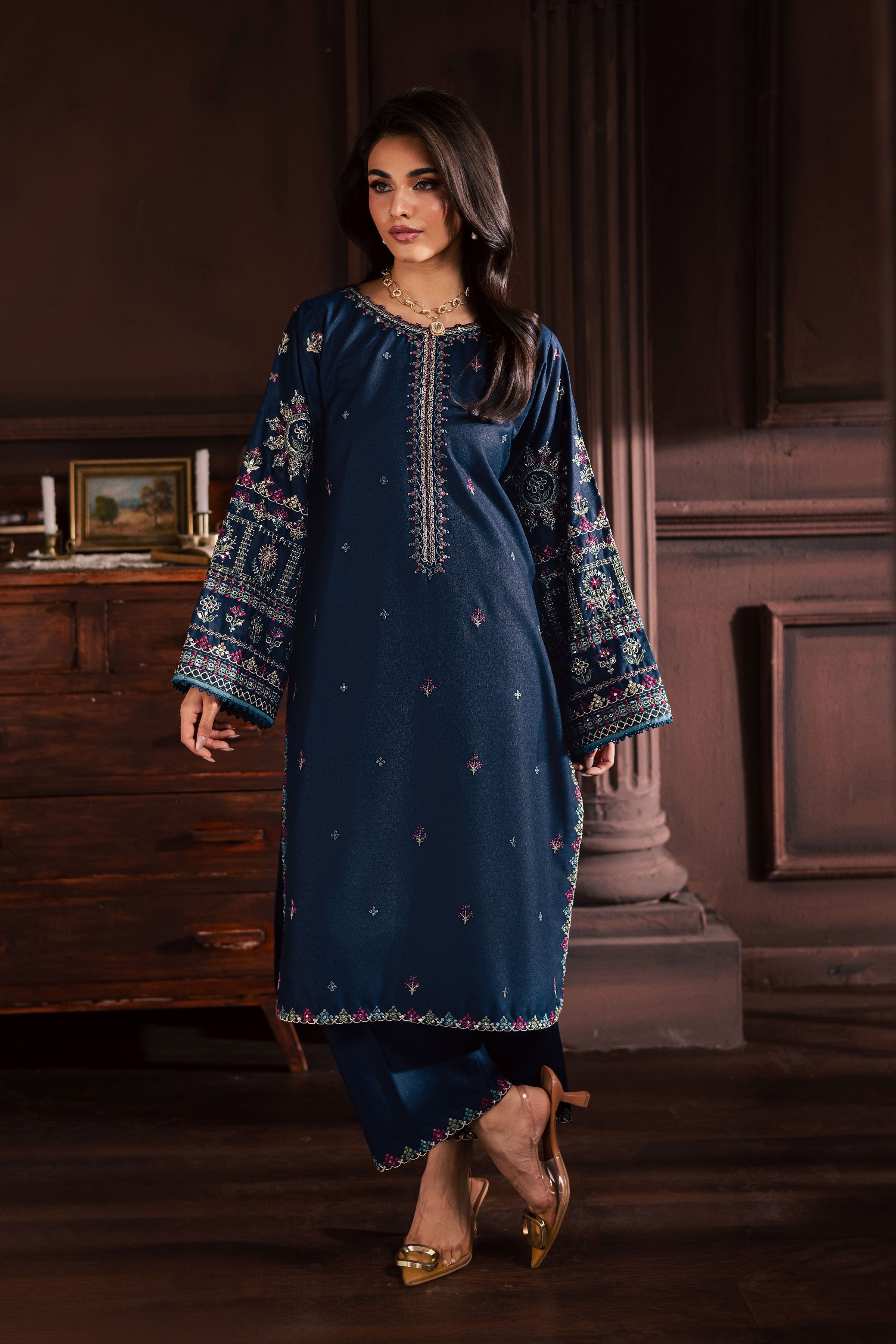  Shajjar 2Pc - Embroidered Karandi Dress BATIK WINTER PRET 2025  BATIK   XS / Navy Blue / Karandi-S / Navy Blue / Karandi-M / Navy Blue / Karandi-L / Navy Blue / Karandi-XL / Navy Blue / Karandi