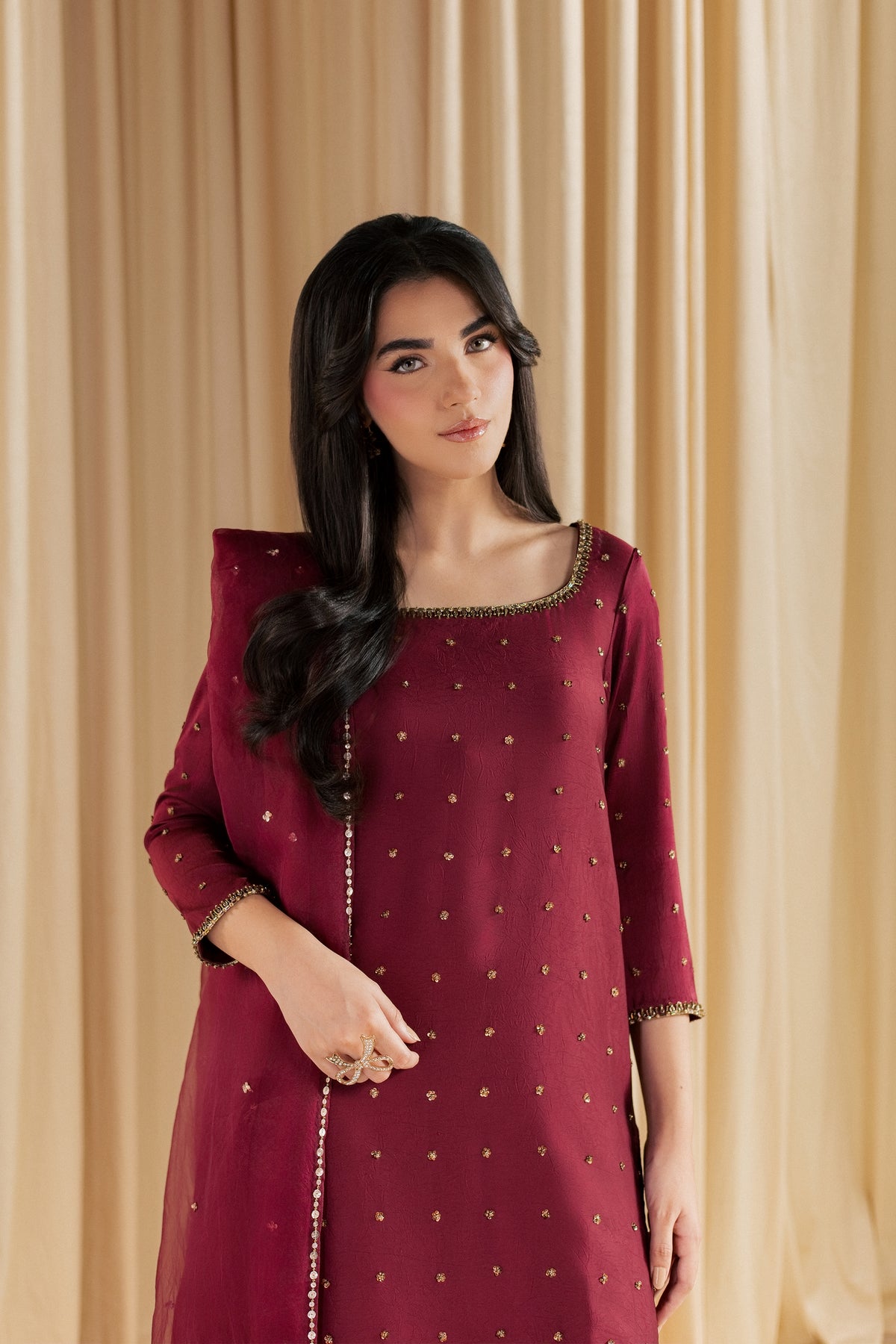 Simab 3Pc - Festive Luxe Pret STUDIOLUXEAUG26  BATIK   S / Burgundy / Textured Grip