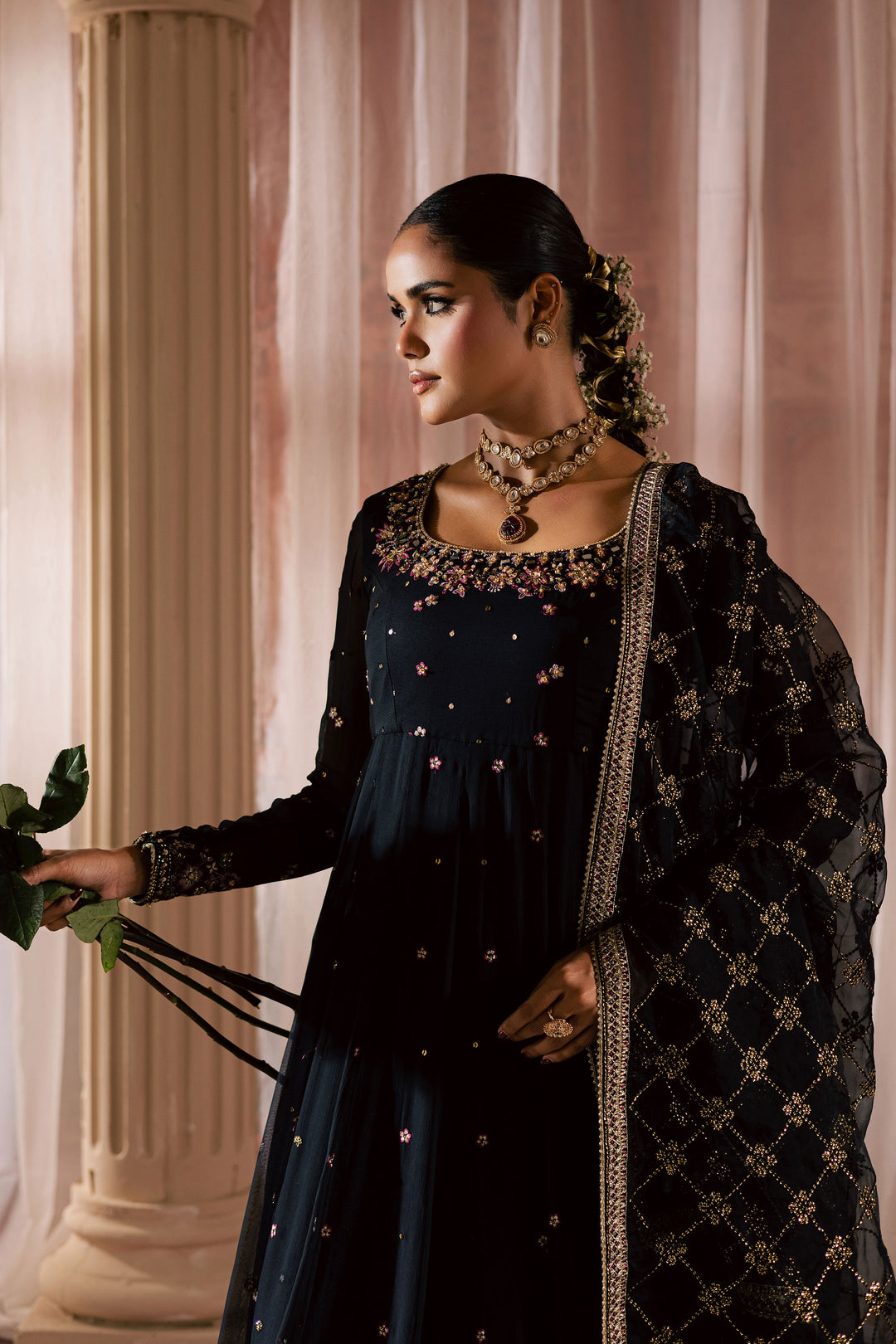  Siyah Mehmal  3Pc - Chiffon Wedding Frock BATIKLuxePRET2025  BATIK   S / Black / Chiffon & Raw Silk-M / Black / Chiffon & Raw Silk-L / Black / Chiffon & Raw Silk