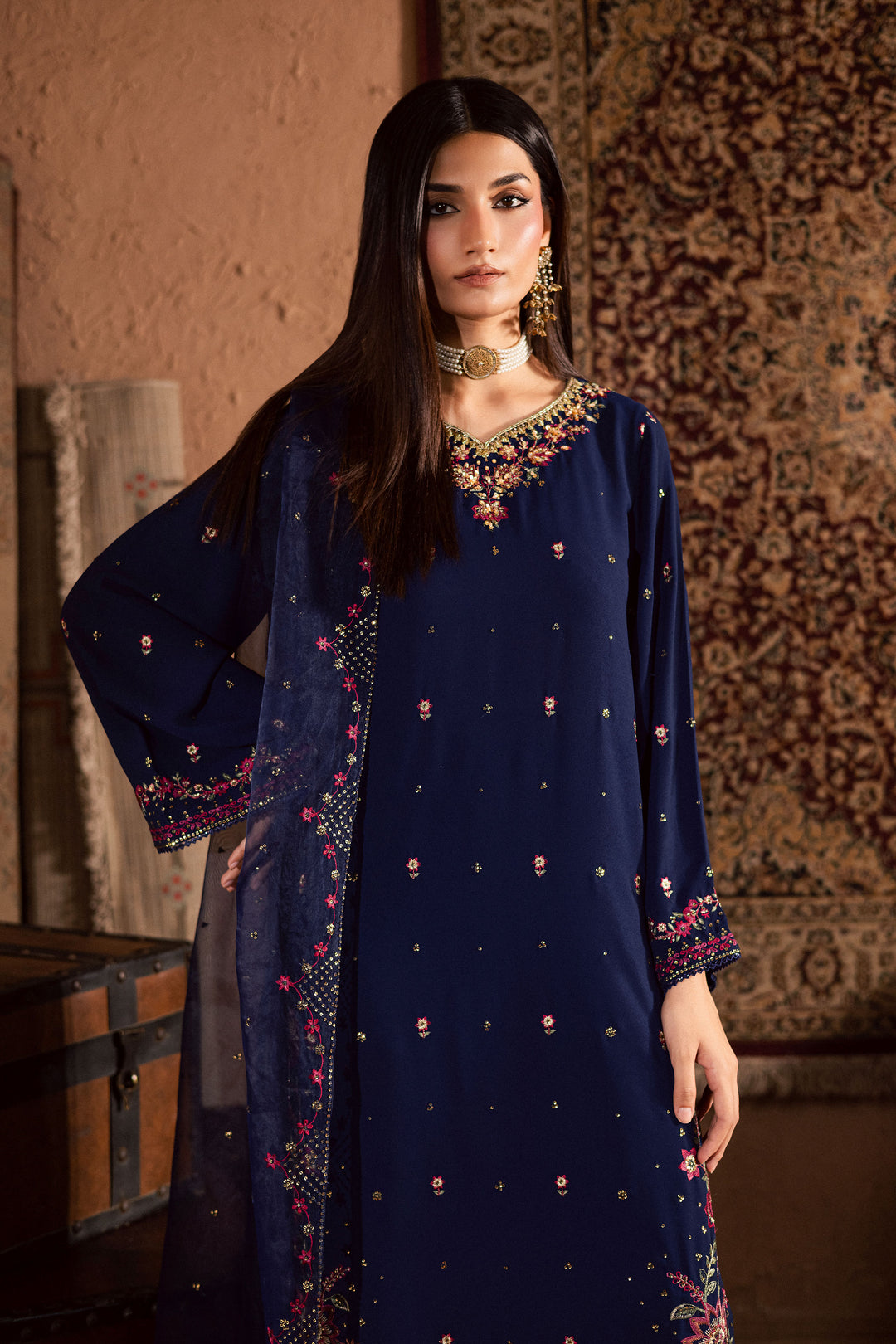  Skyra 3Pc- Festive Luxe Pret BATIKSTUDIO2025  BATIK   S / Deep Blue / Georgette-M / Deep Blue / Georgette-L / Deep Blue / Georgette