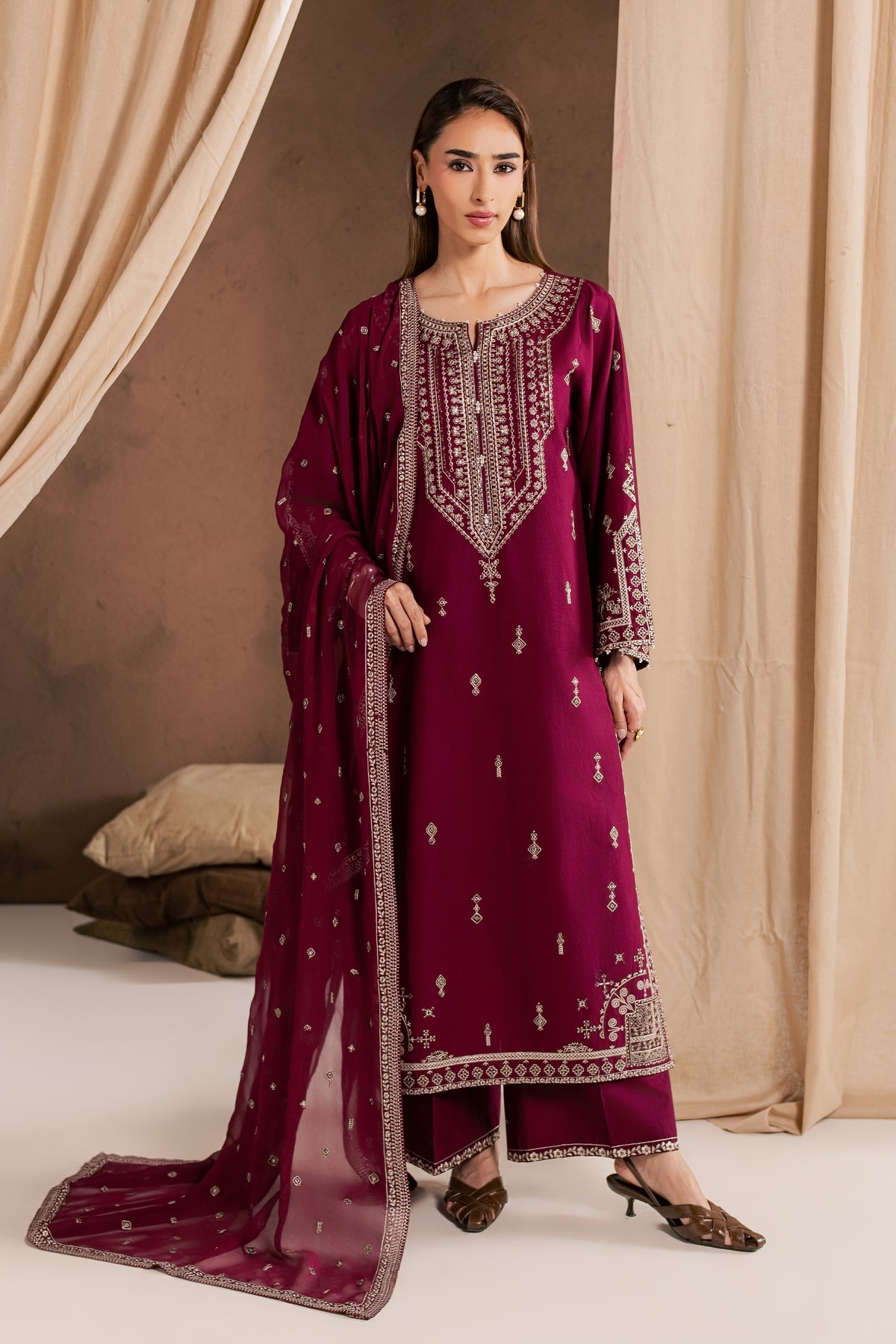 Solene Red 3Pc - Embroidered Cambric Pret PRETAW2026  BATIK   XS / Burgundy / Cambric