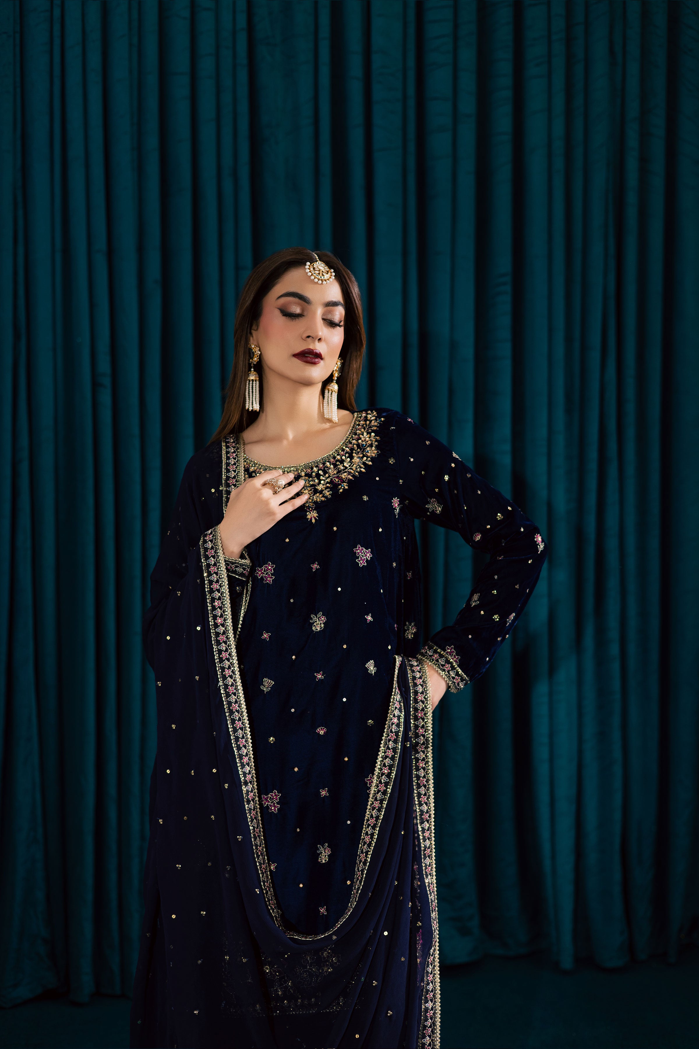  Yashal 3Pc - Velvet Formal Dress BATIKstudio  BATIK   S / Deep Blue / Velvet-M / Deep Blue / Velvet-L / Deep Blue / Velvet