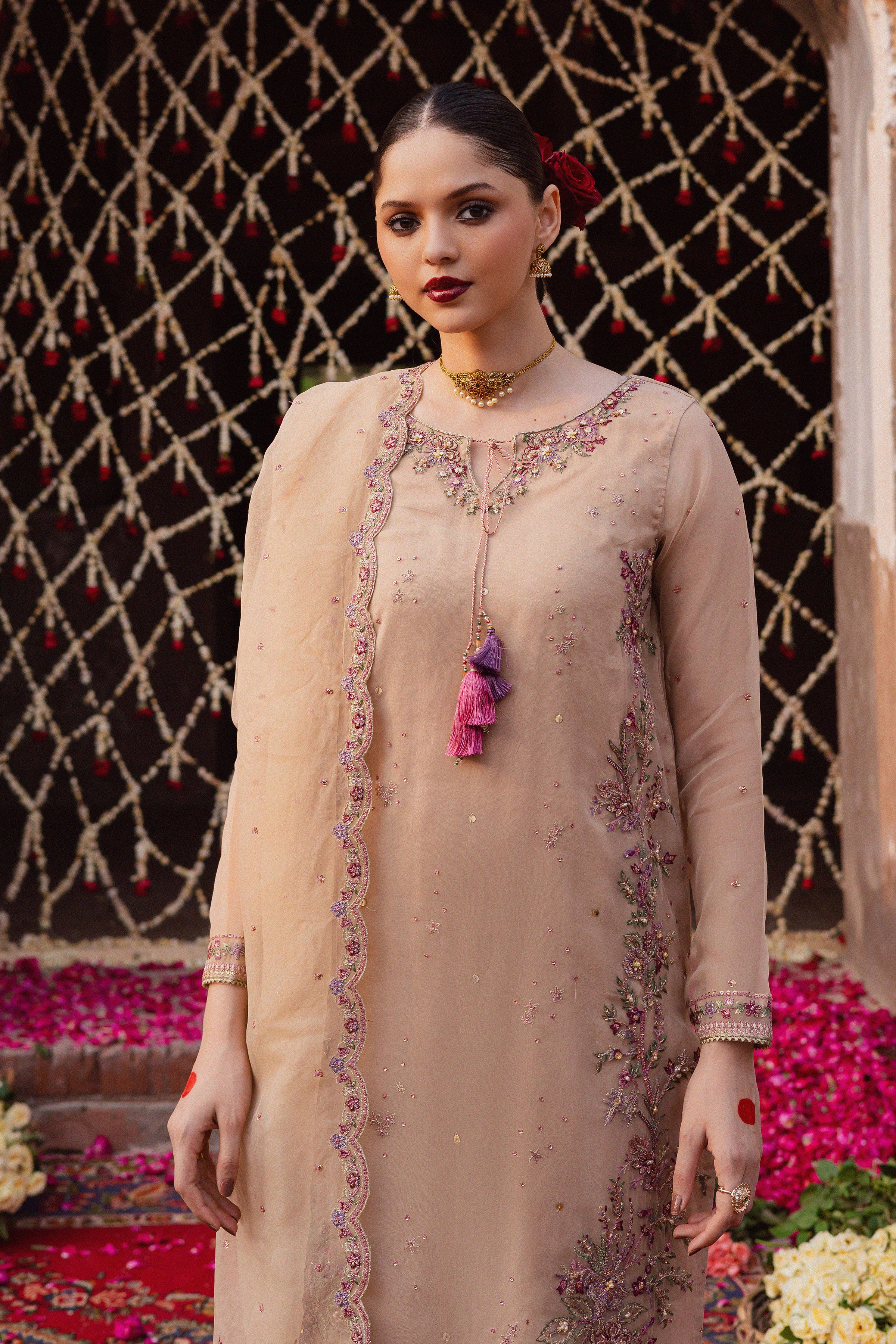  Zahrah 3Pc - Festive Luxe Pret BATIKSTUDIO2025  BATIK   S / Beige / Organza & Raw Silk-M / Beige / Organza & Raw Silk-L / Beige / Organza & Raw Silk