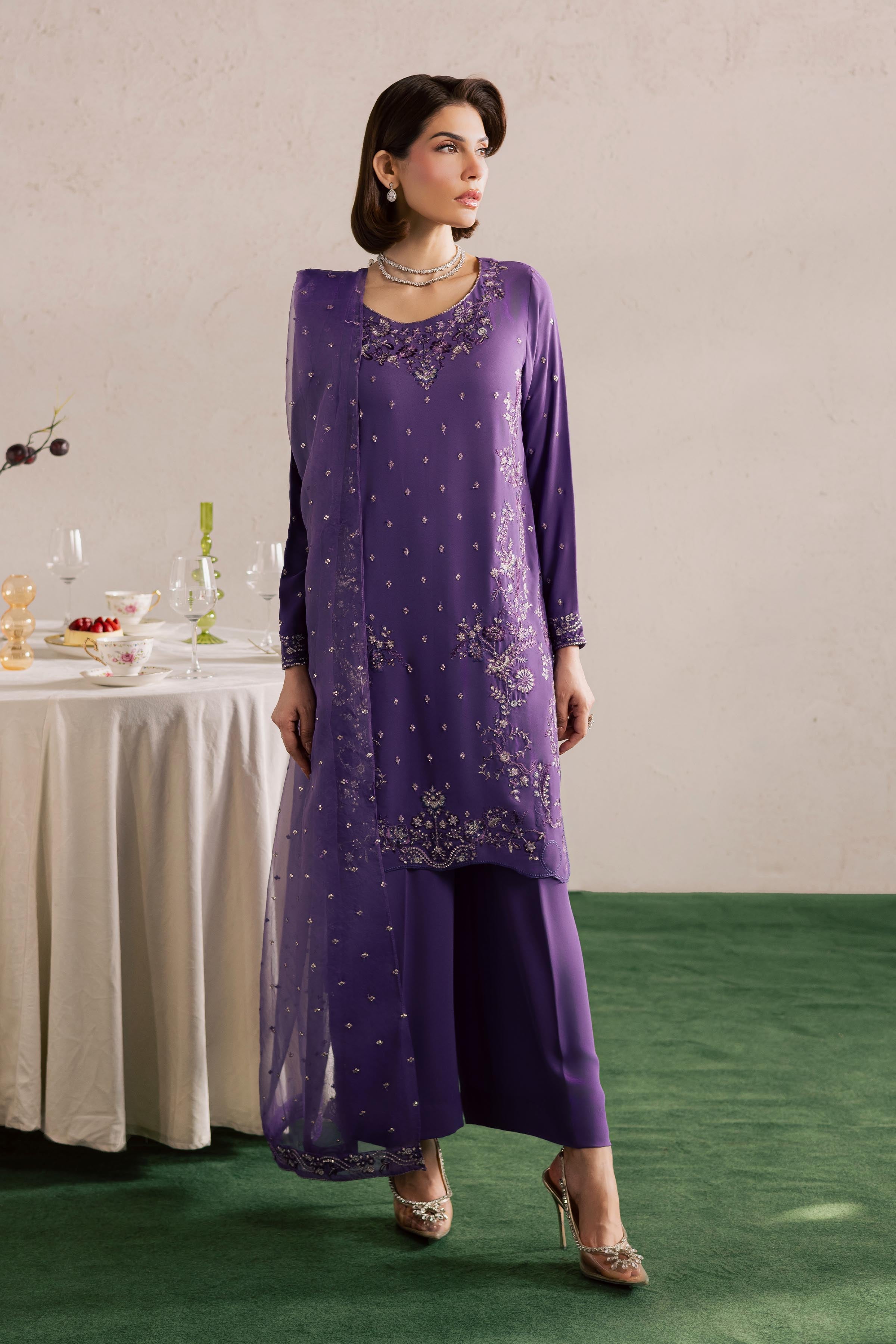  Zareen 3Pc - Festive Luxury Formal BATIKSS26  BATIK   S / Lilac Purple / Georgette-M / Lilac Purple / Georgette-L / Lilac Purple / Georgette