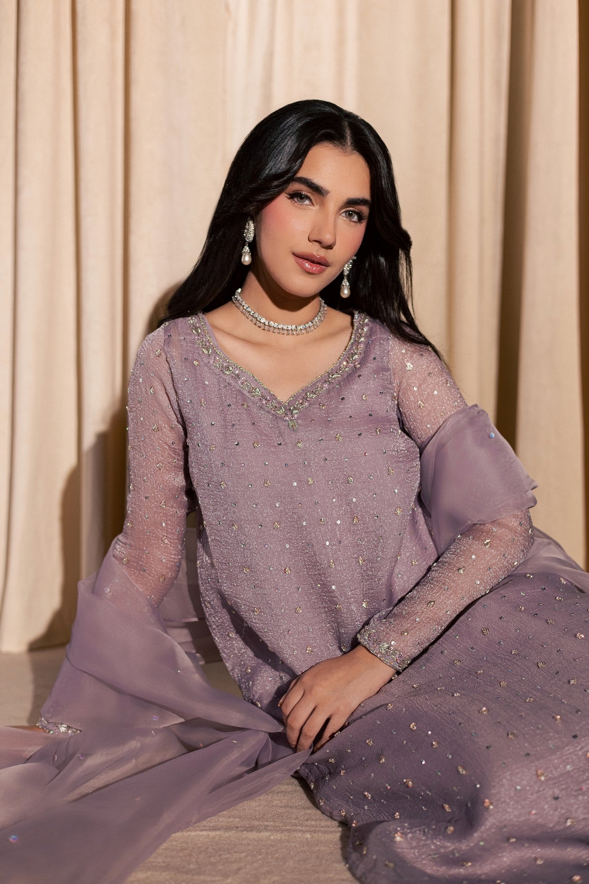 Zinnia Bloom 3Pc - Festive Luxe Pret STUDIOLUXEAUG26  BATIK   S / Lilac / Shimmer Silk Organza