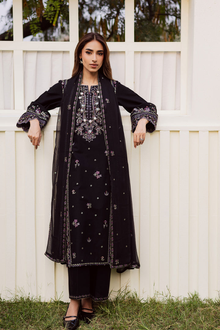 Black Cascade 3Pc - Embroidered Khaddar Dress