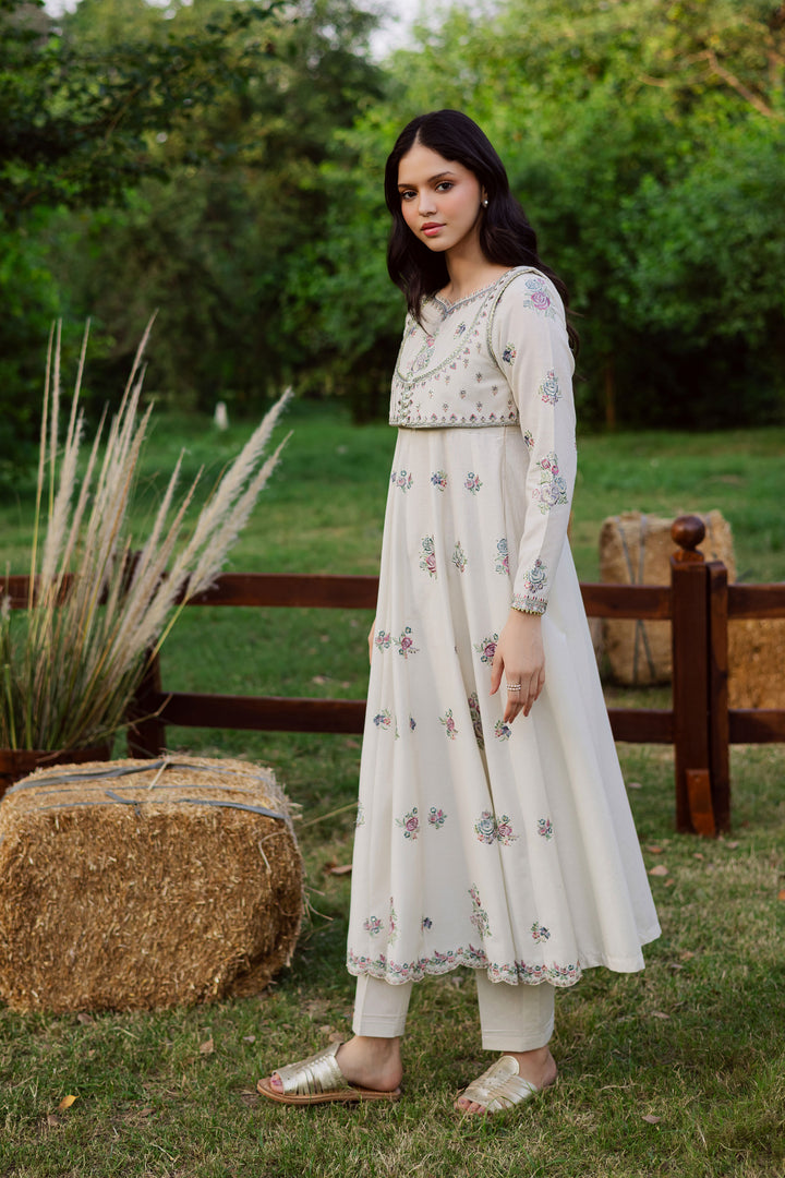Safaid Chandni 3Pc - Embroidered Karandi Dress
