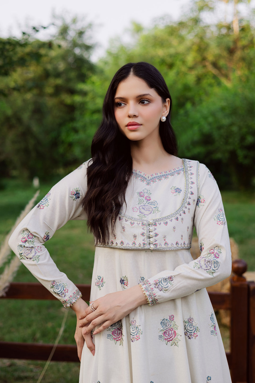 Safaid Chandni 3Pc - Embroidered Karandi Dress