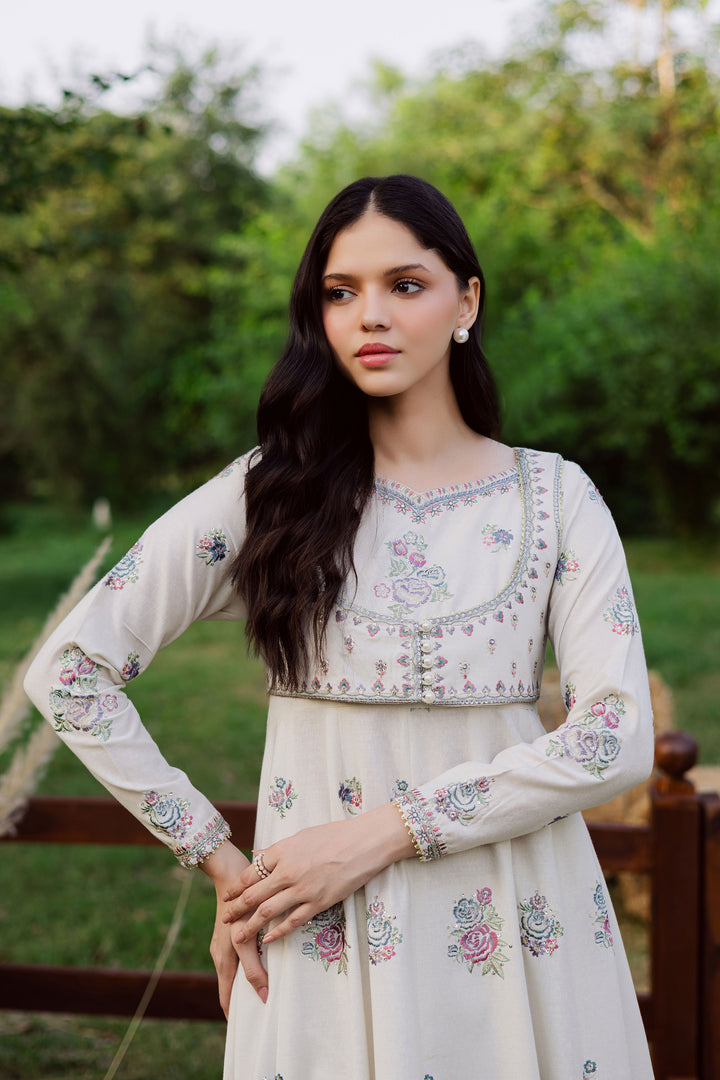 Safaid Chandni 3Pc - Embroidered Karandi Dress