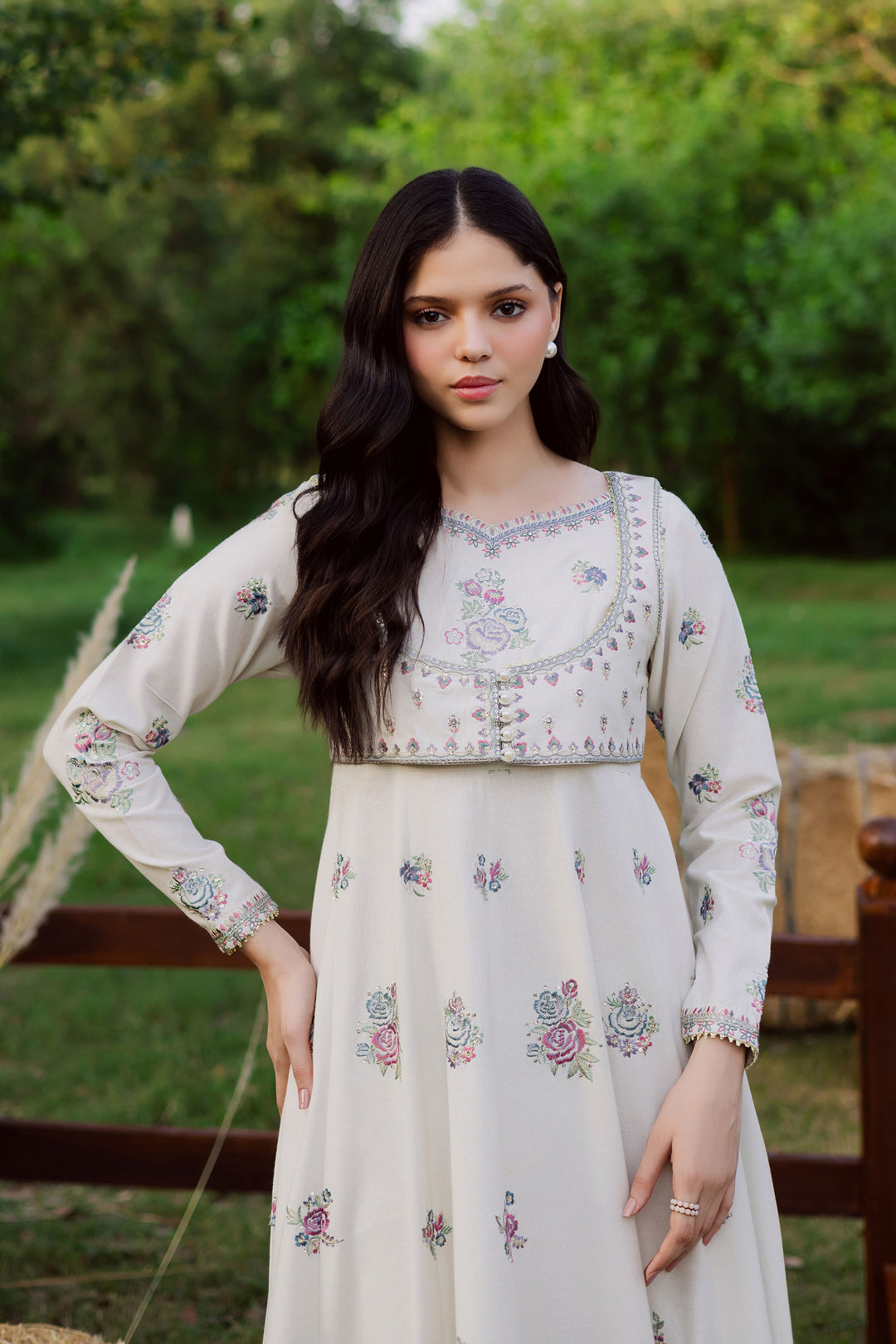 Safaid Chandni 3Pc - Embroidered Karandi Dress