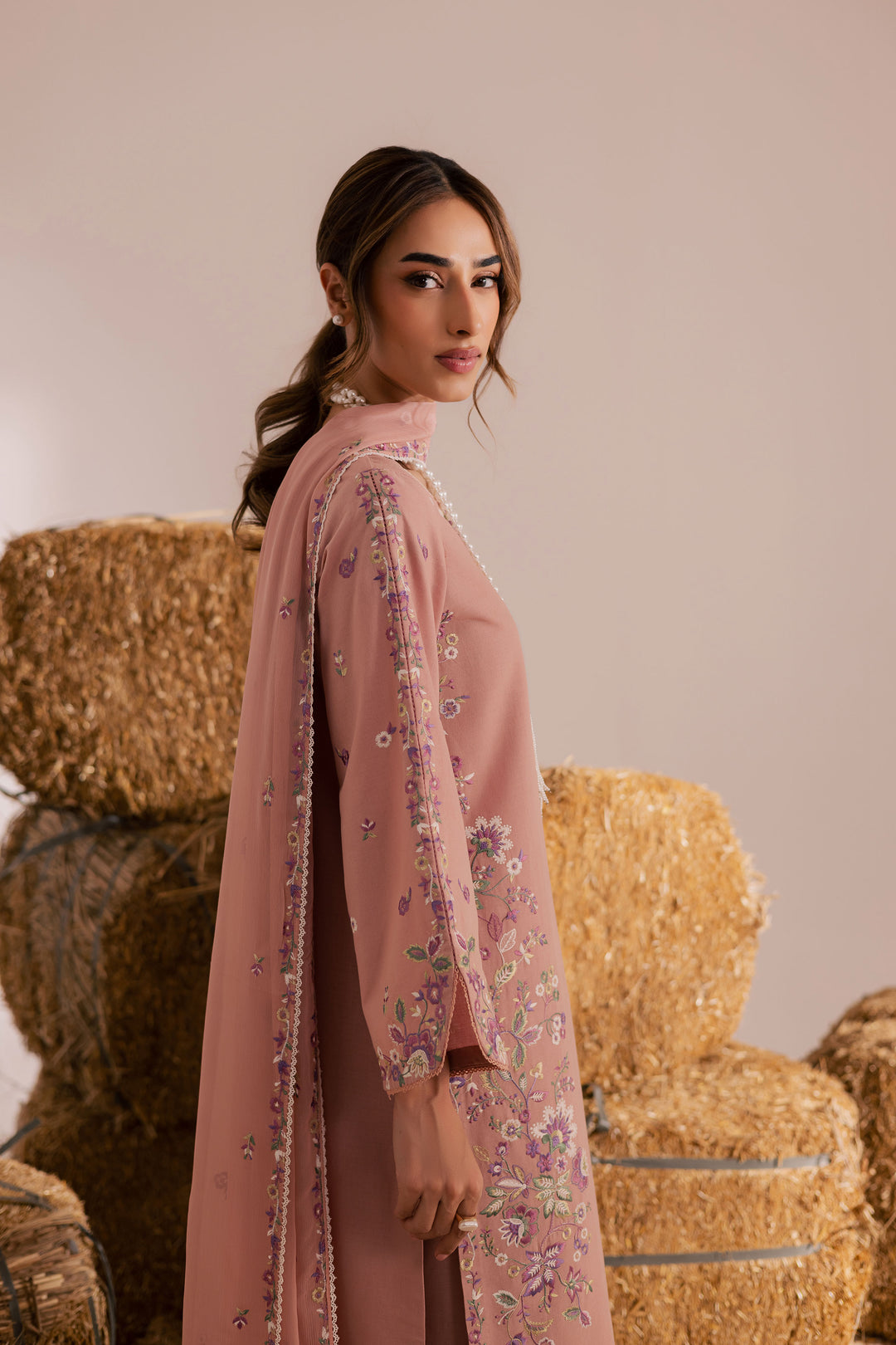 Pink Crimora 3Pc - Embroidered Khaddar Dress