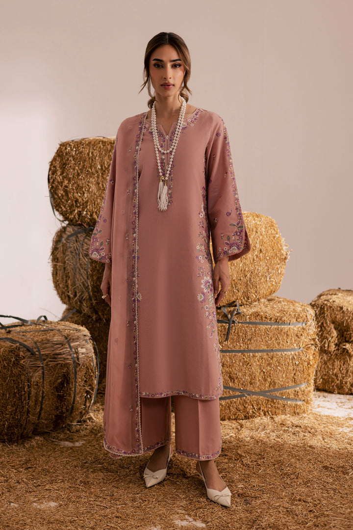 Pink Crimora 3Pc - Embroidered Khaddar Dress