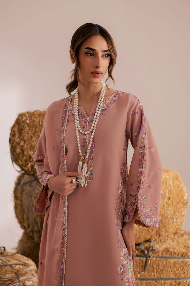 Pink Crimora 3Pc - Embroidered Khaddar Dress