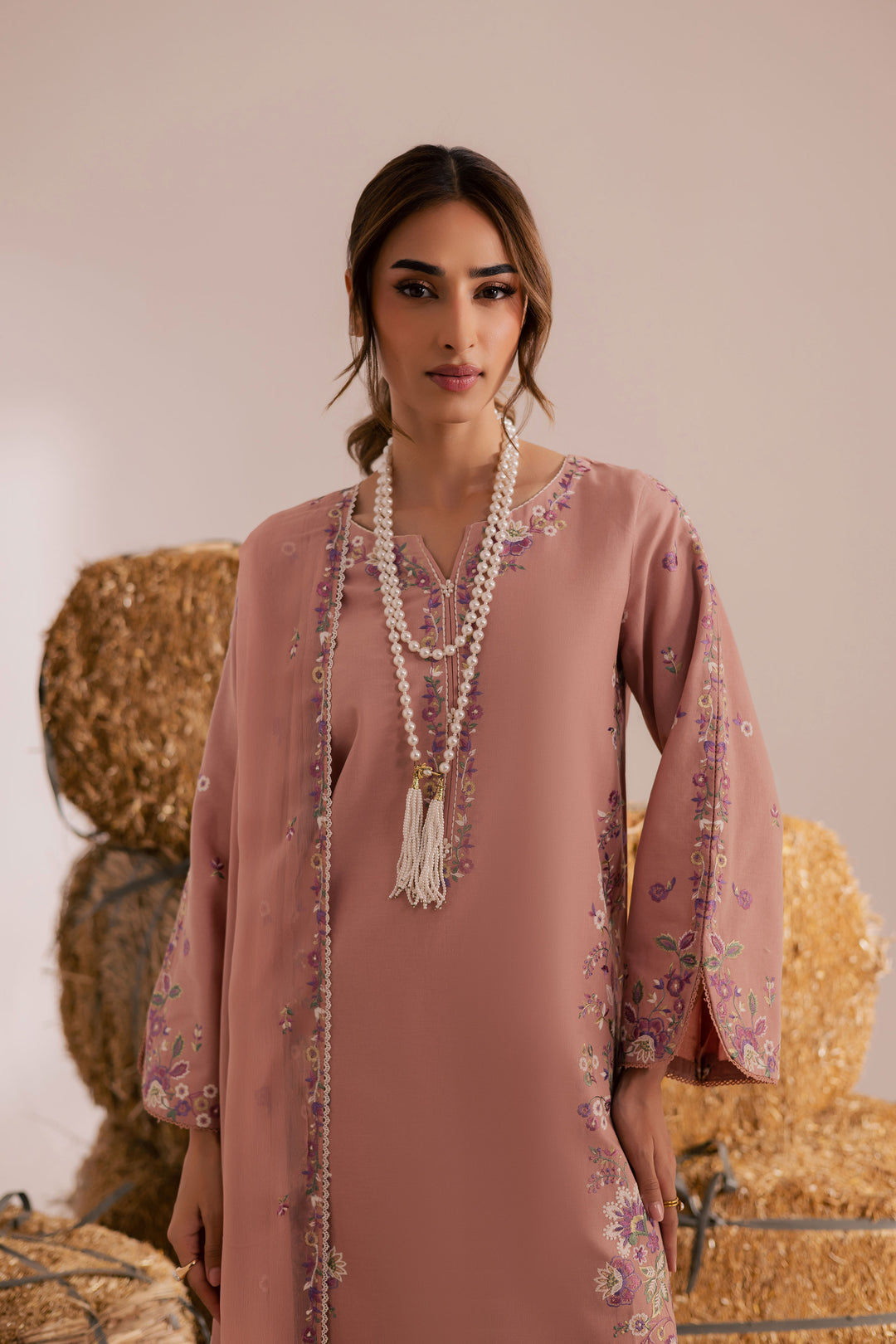 Pink Crimora 3Pc - Embroidered Khaddar Dress