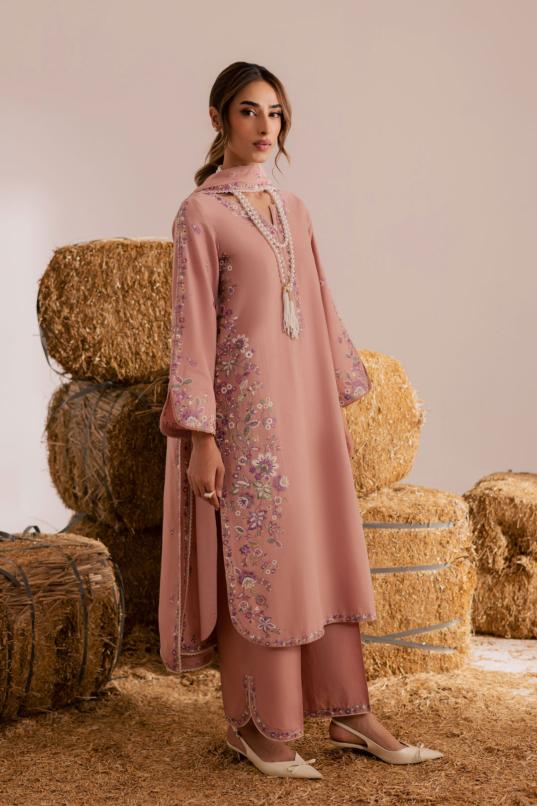 Pink Crimora 3Pc - Embroidered Khaddar Dress