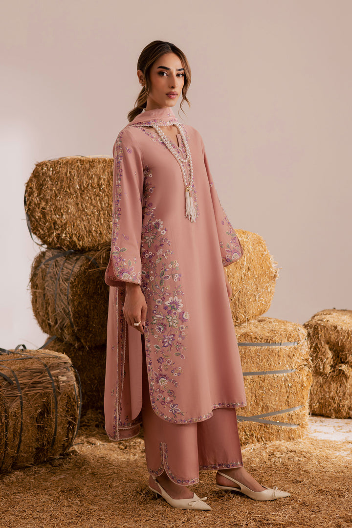 Pink Crimora 3Pc - Embroidered Khaddar Dress