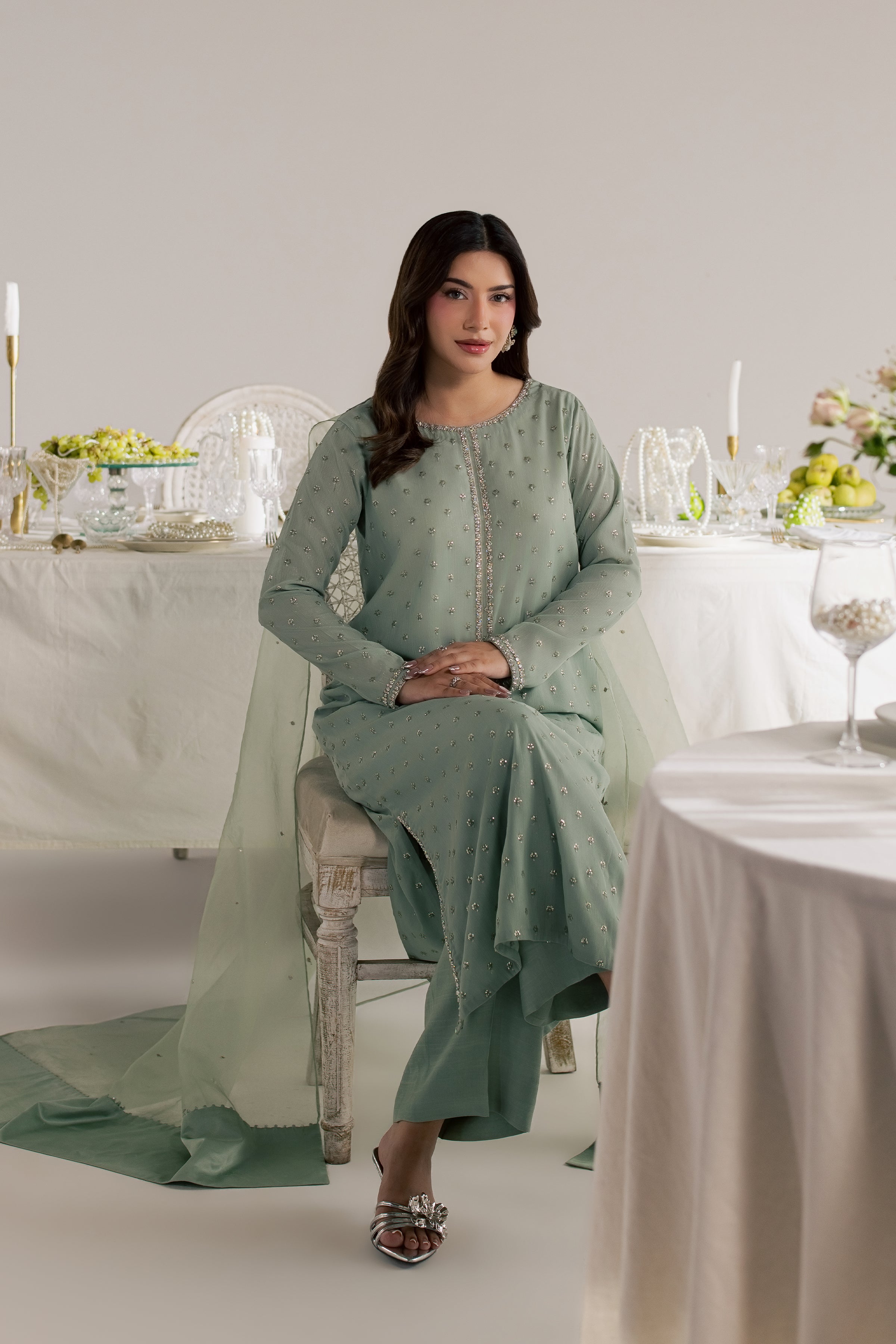 Sage Zaraa 3Pc - Festive Luxe Pret