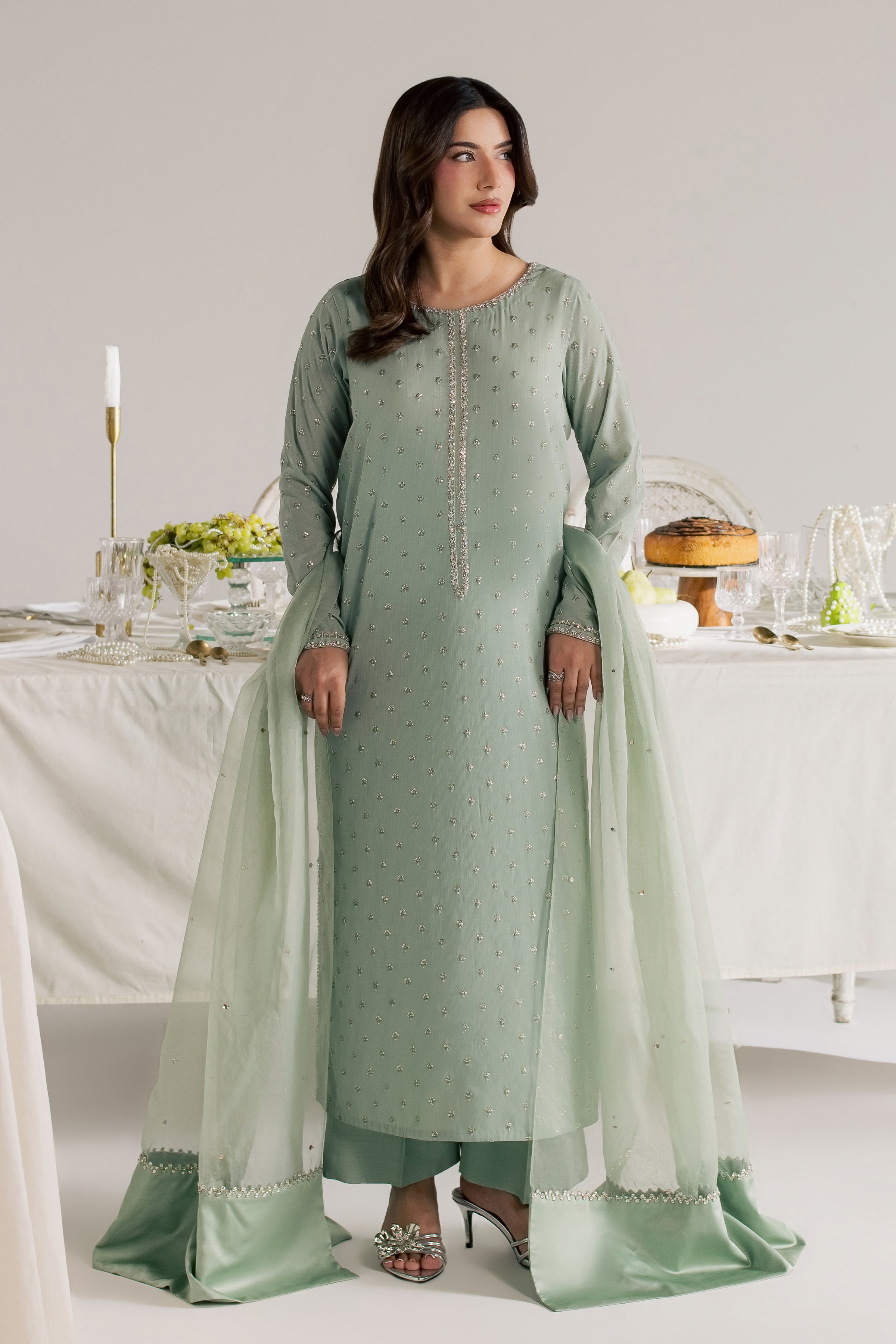 Sage Zaraa 3Pc - Festive Luxe Pret