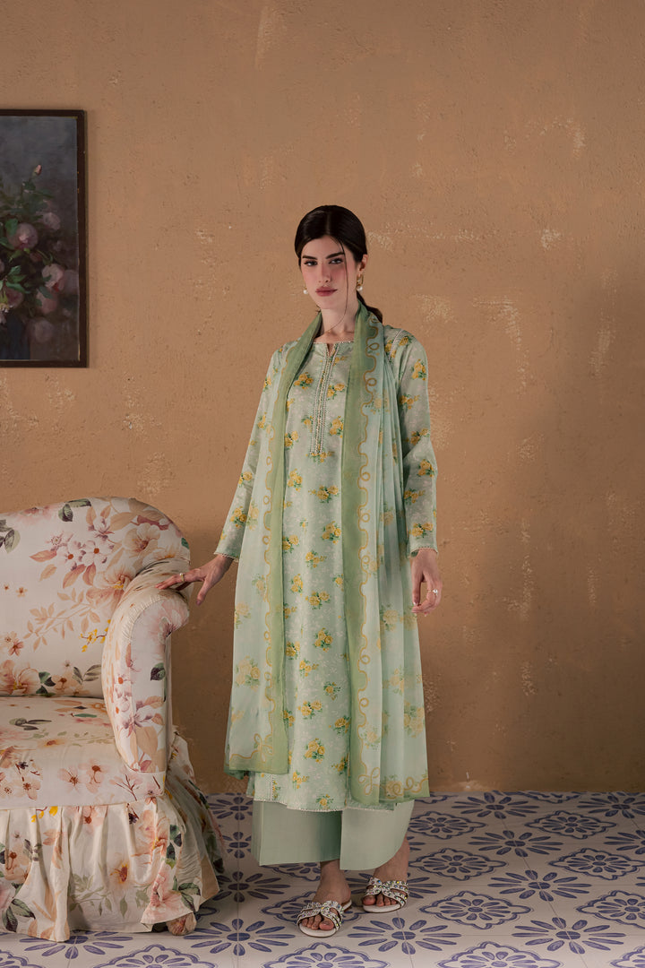 Green Glaze 3Pc - Printed Lawn Dress