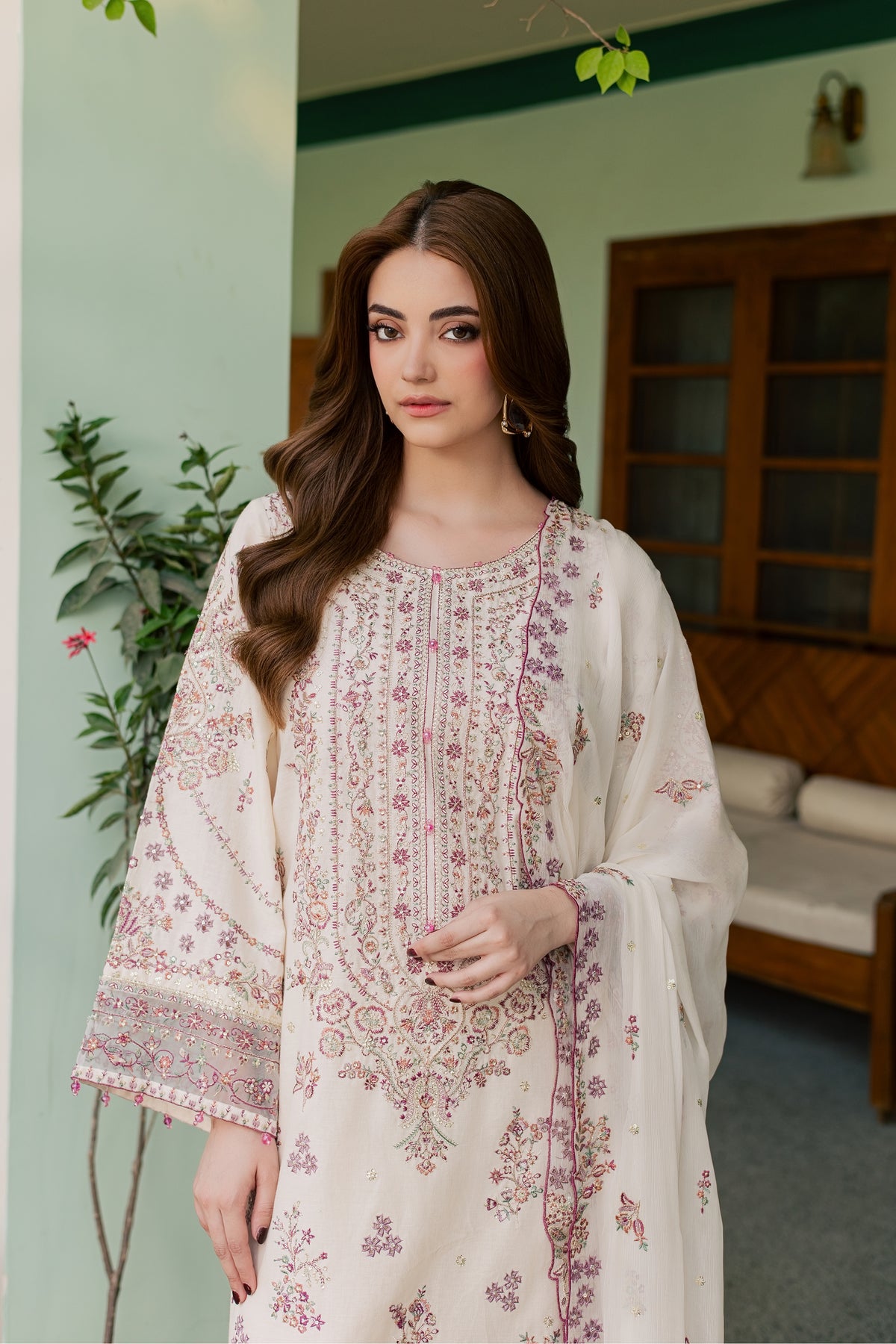 Toska White 3Pc - Embroidered Khaddar Pret