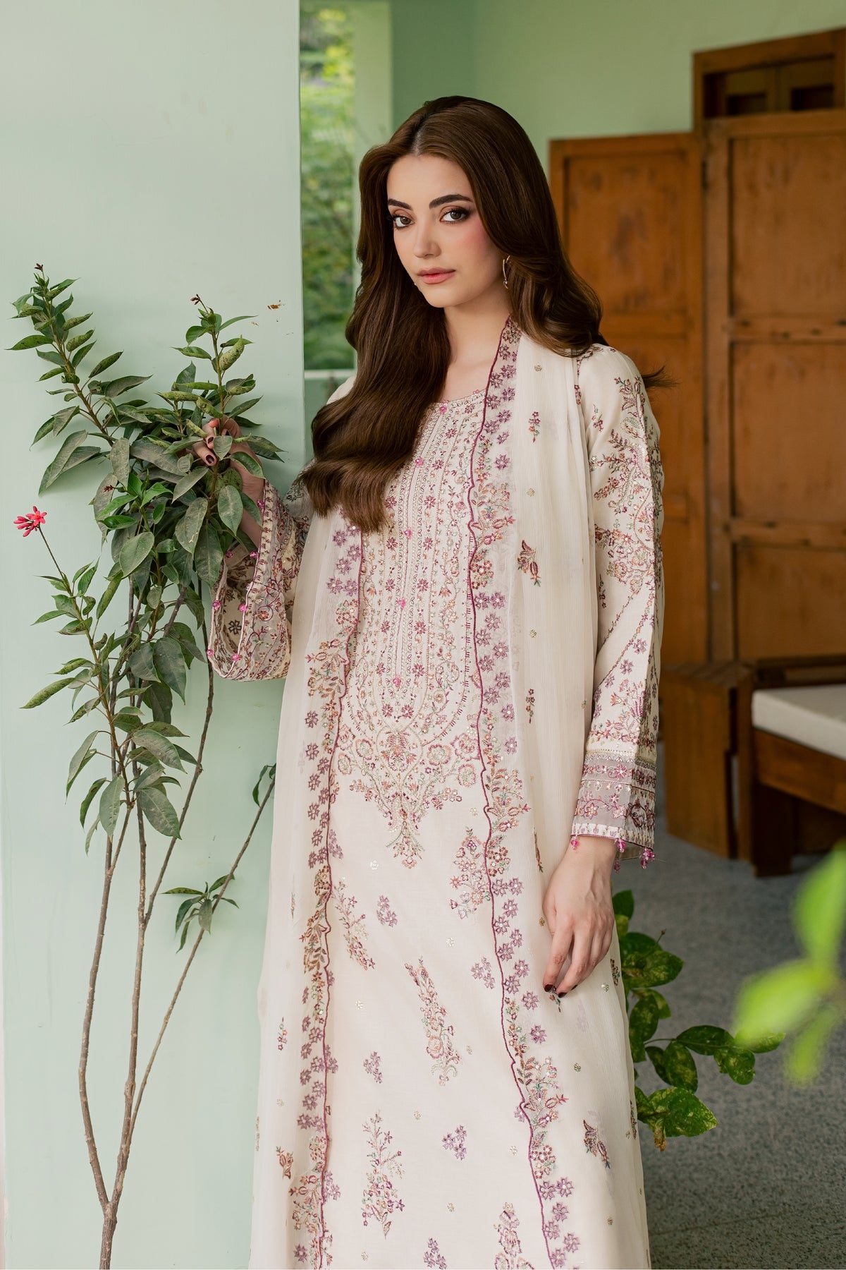 Toska White 3Pc - Embroidered Khaddar Pret