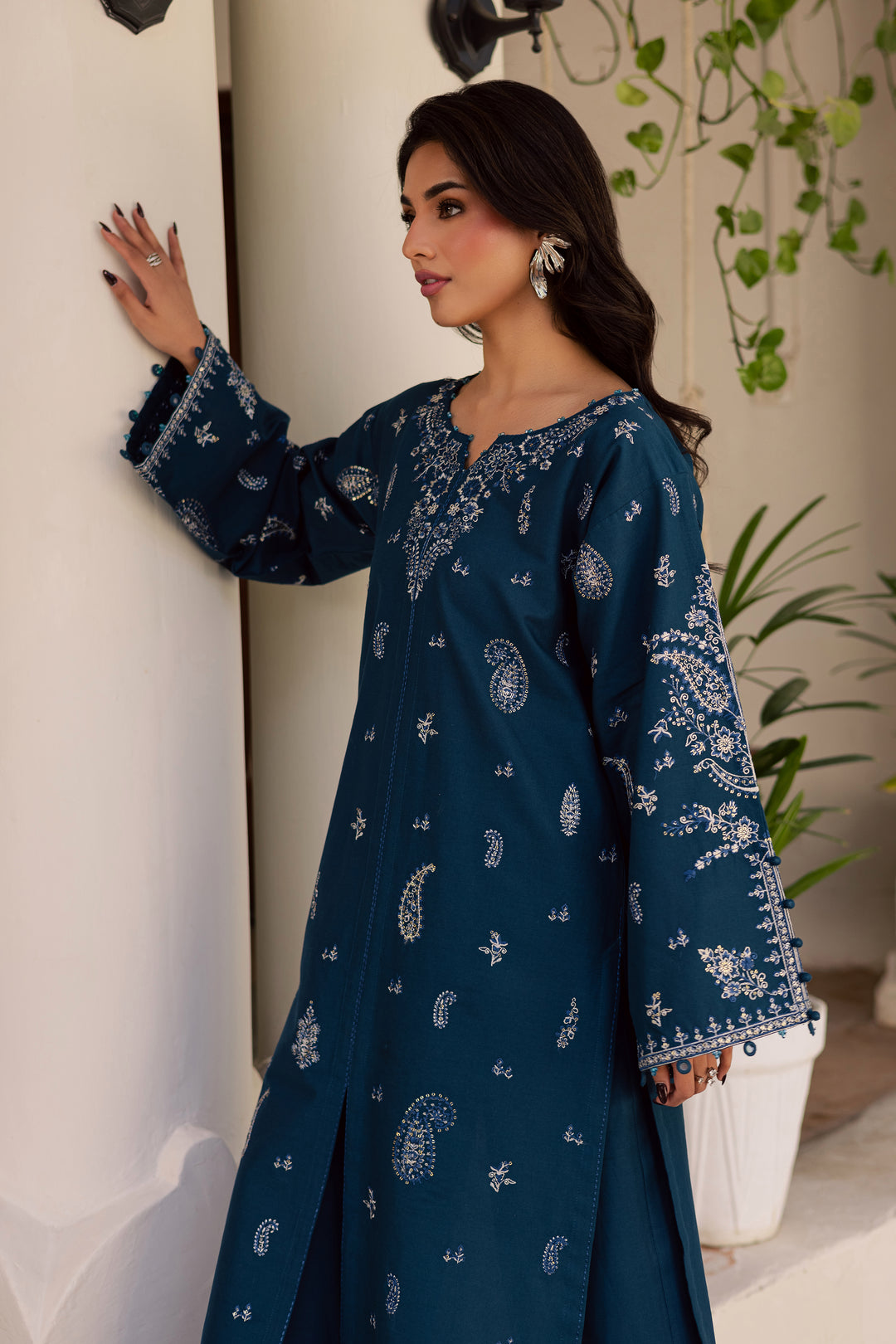 Blue Clue 2Pc - Embroidered Khaddar Dress
