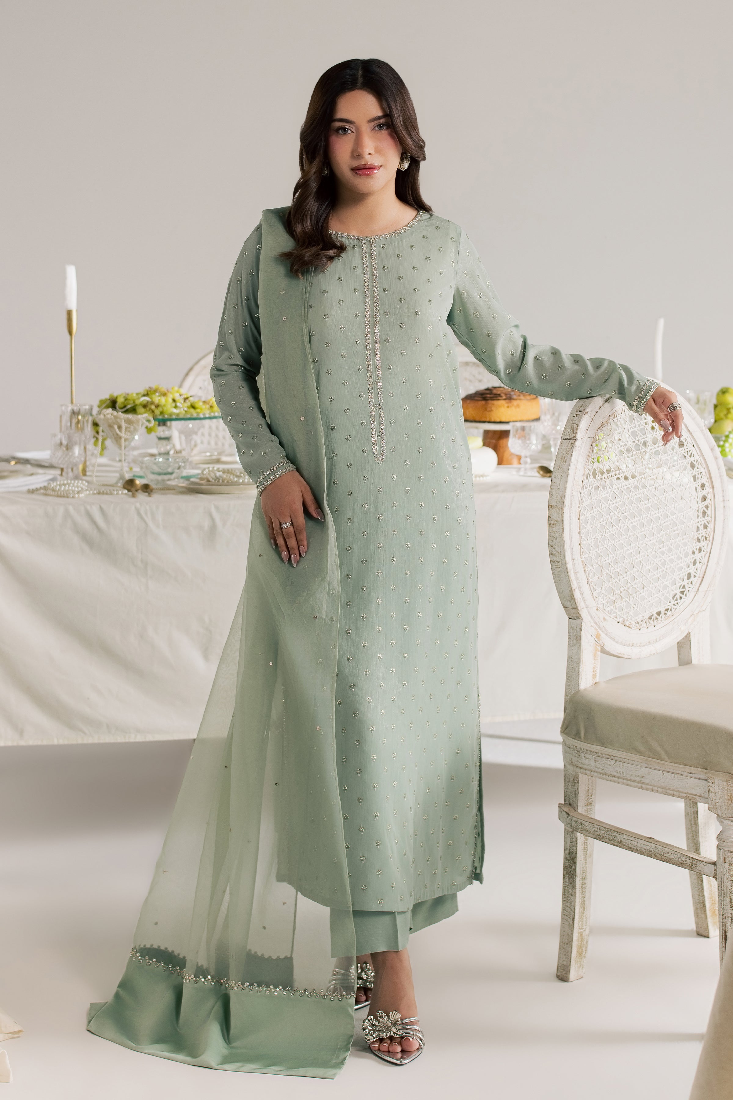 Sage Zaraa 3Pc - Festive Luxe Pret