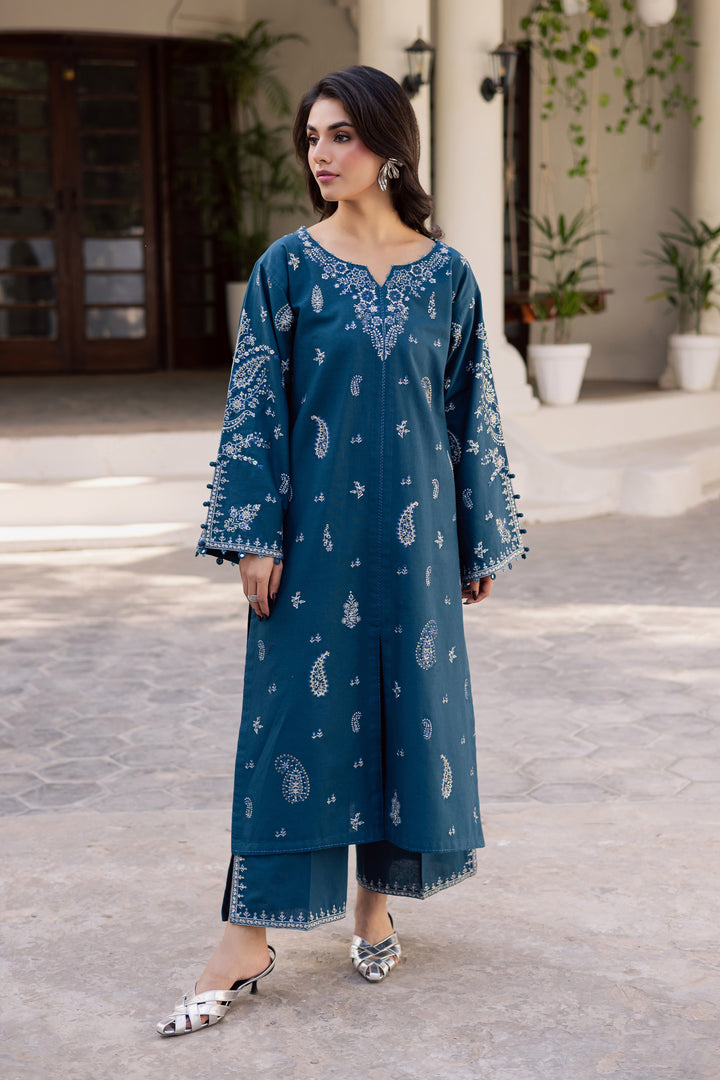 Blue Clue 2Pc - Embroidered Khaddar Dress