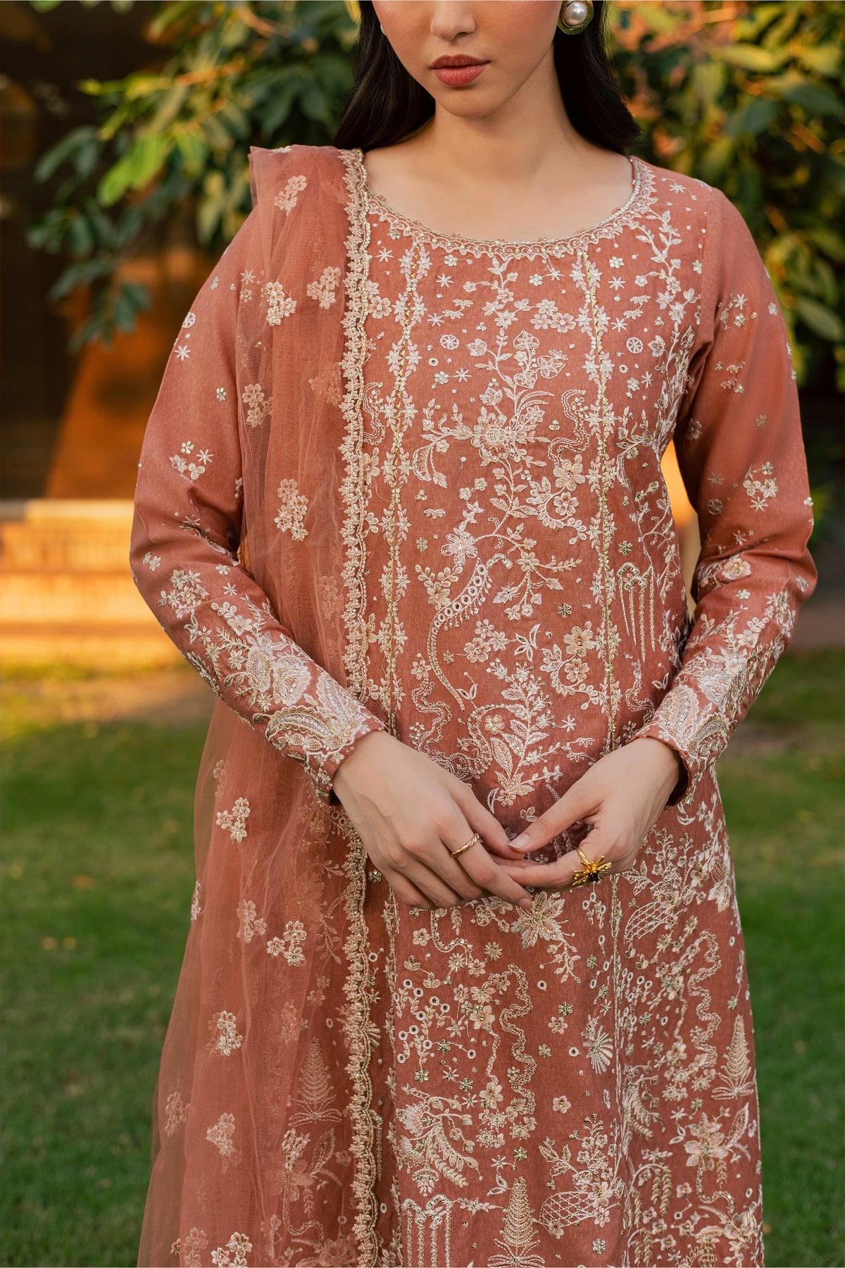 Peach Rhea 3Pc - Embroidered Karandi Pret