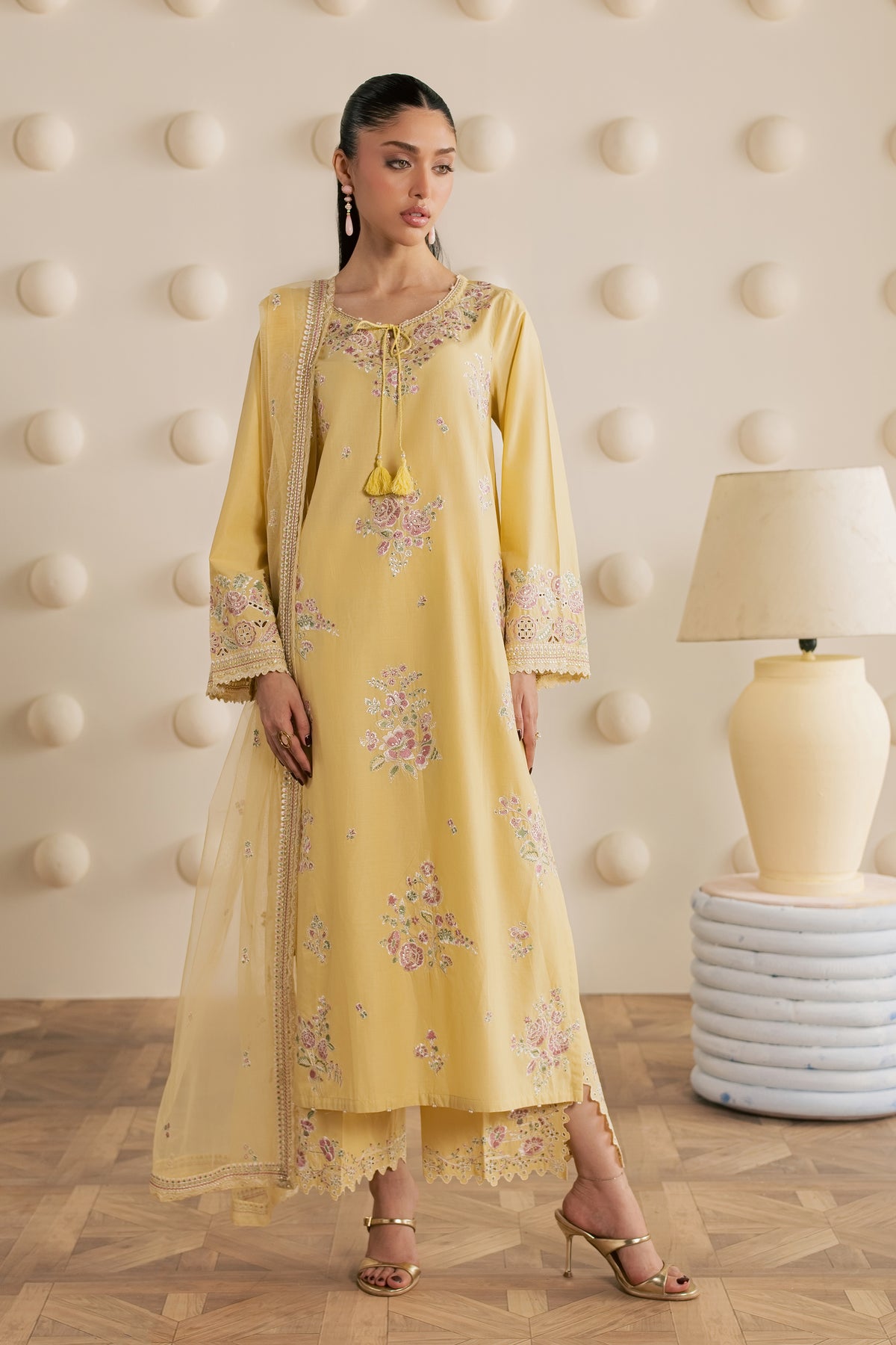 Yellow Adina 3Pc - Embroidered Cambric Pret