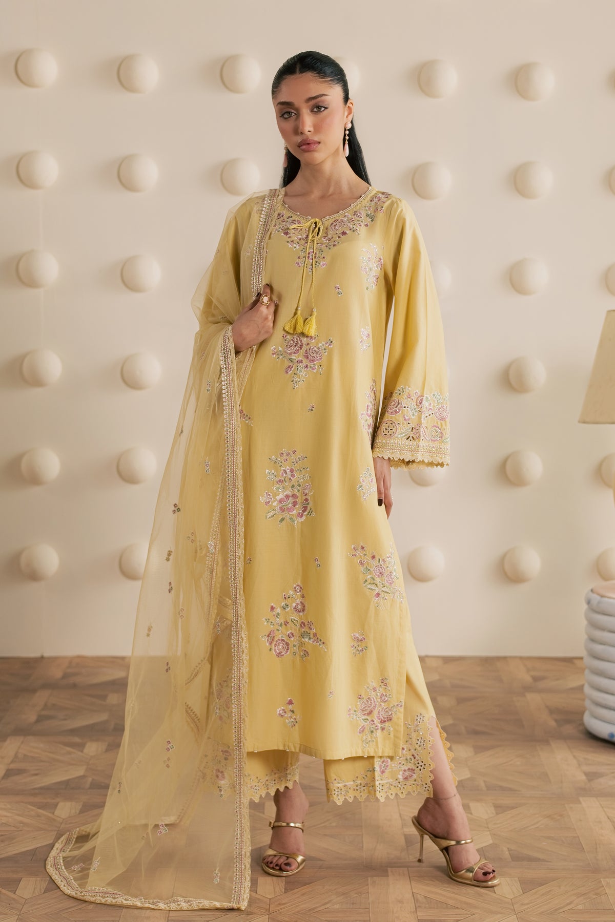 Yellow Adina 3Pc - Embroidered Cambric Pret