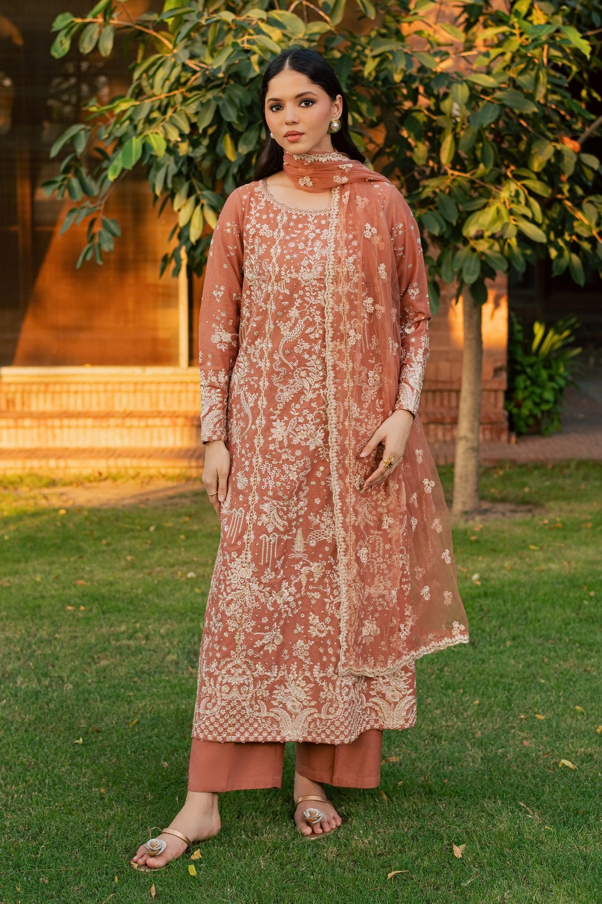 Peach Rhea 3Pc - Embroidered Karandi Pret