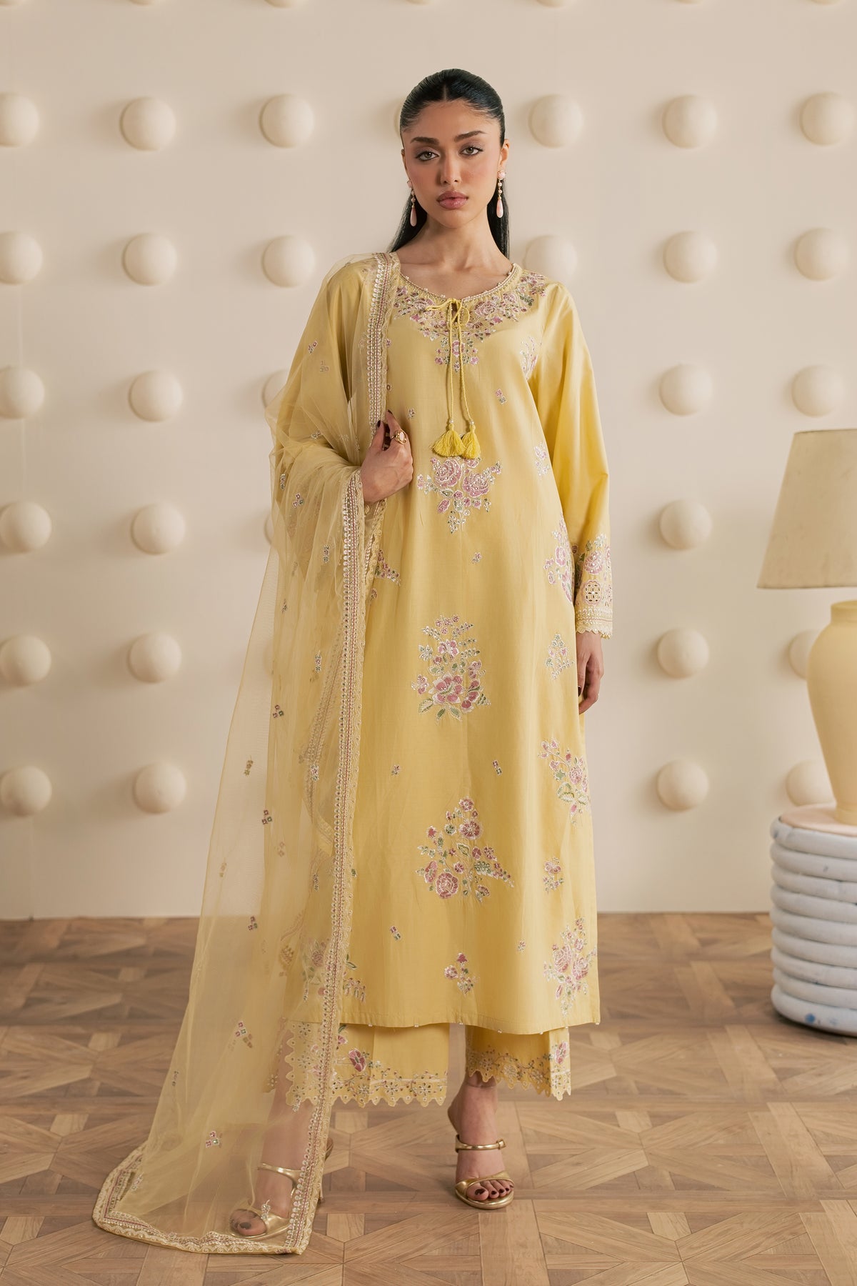 Yellow Adina 3Pc - Embroidered Cambric Pret