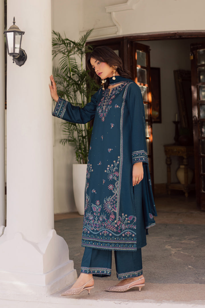 Dark Aqua 3Pc - Embroidered Karandi Dress