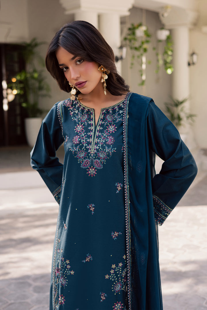 Dark Aqua 3Pc - Embroidered Karandi Dress