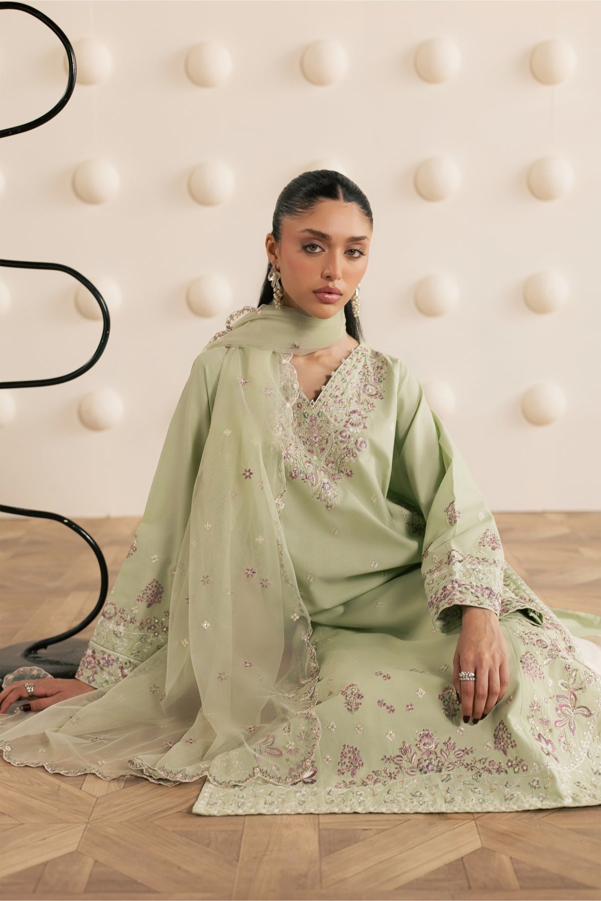 Green Dust 3Pc - Embroidered Cambric Pret