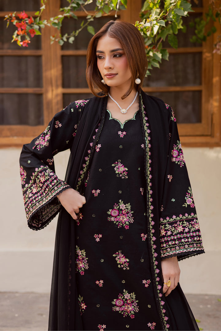 Black Pink 3Pc - Embroidered Khaddar Dress