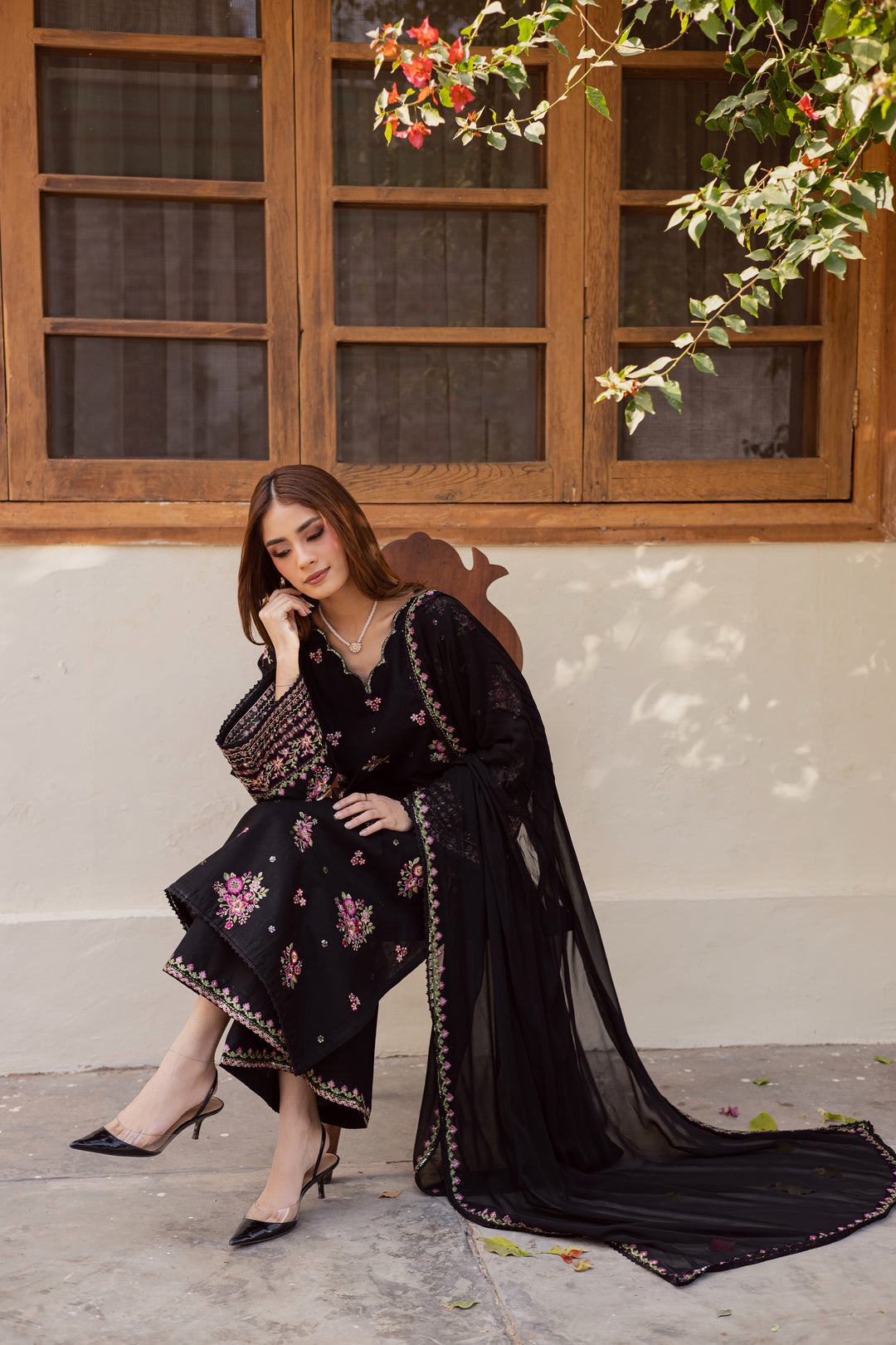 Black Pink 3Pc - Embroidered Khaddar Dress