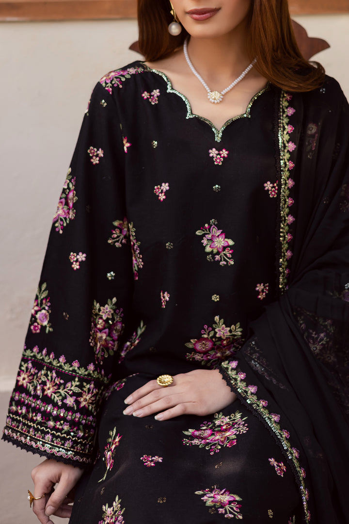 Black Pink 3Pc - Embroidered Khaddar Dress