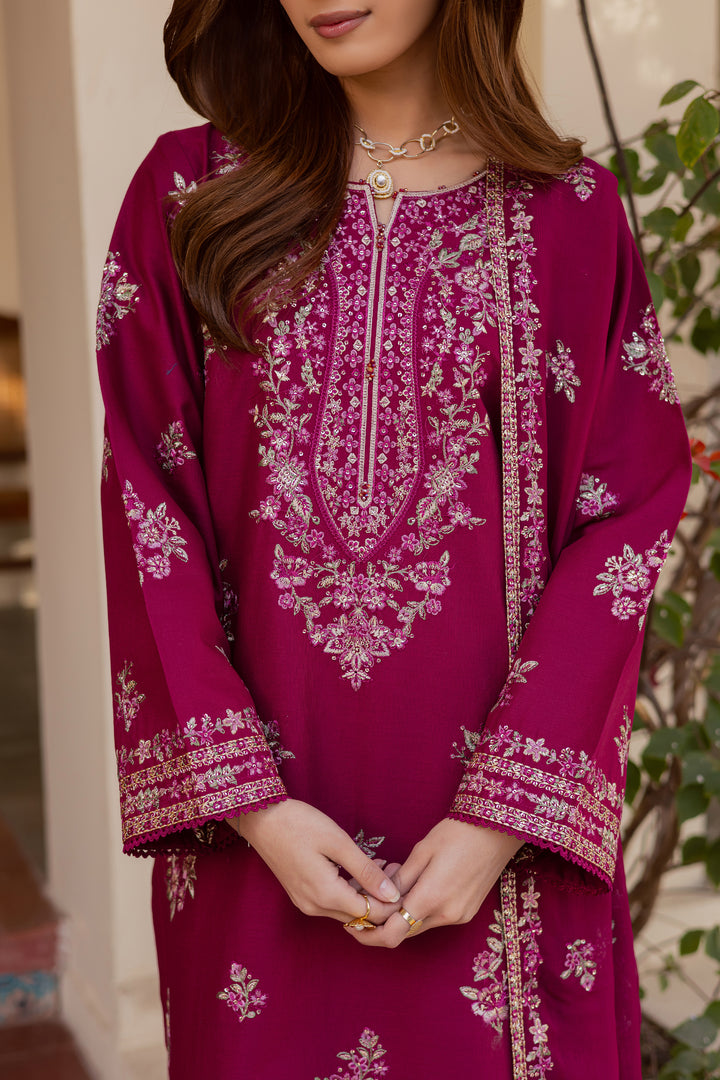 Plum Meeraki 3Pc - Embroidered Khaddar Dress