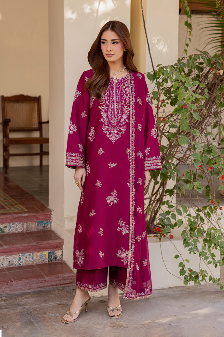 Plum Meeraki 3Pc - Embroidered Khaddar Dress