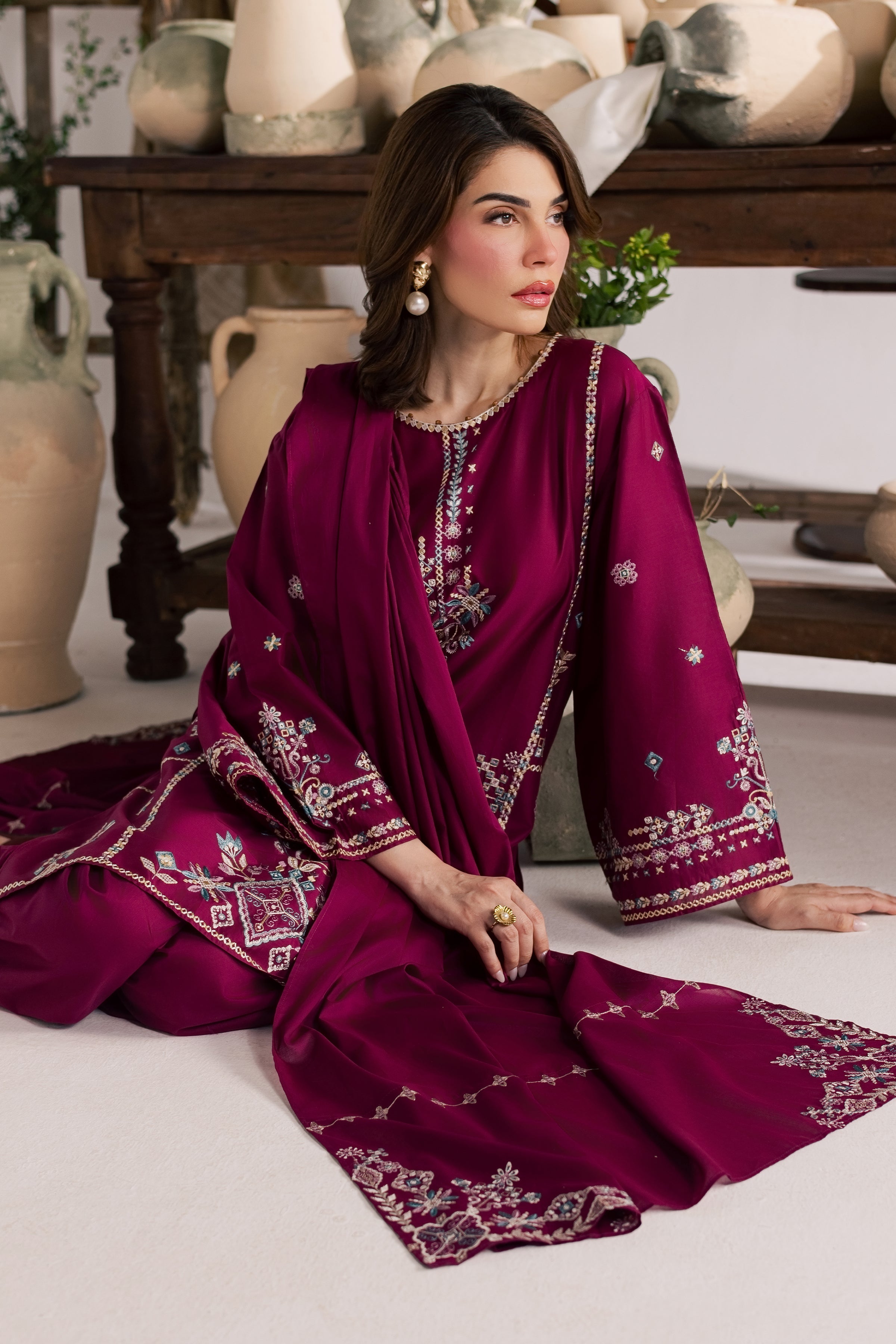 Maroon Mist 3Pc - Embroidered Lawn Dress