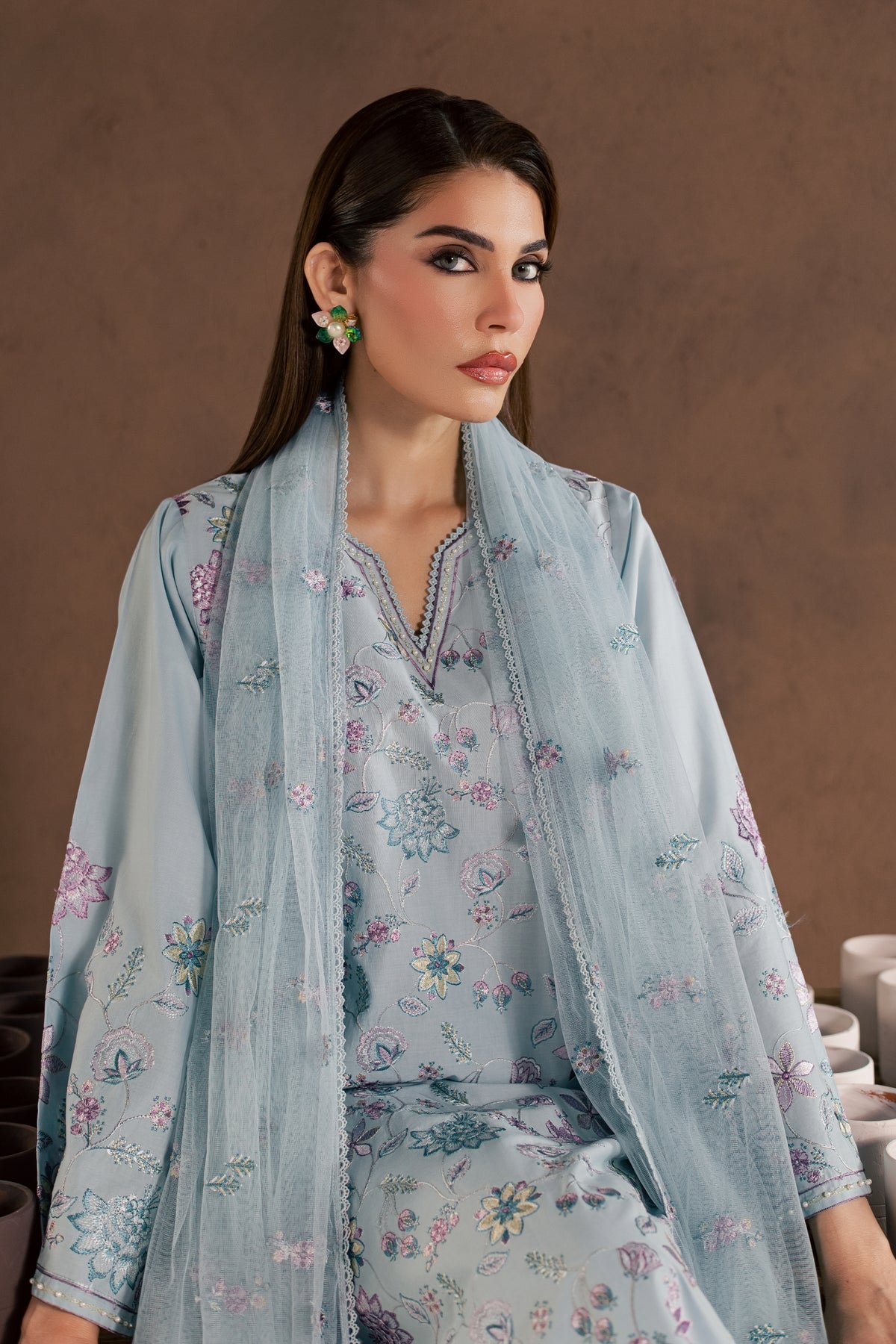 Breezy Blue 3Pc - Embroidered Cambric Pret