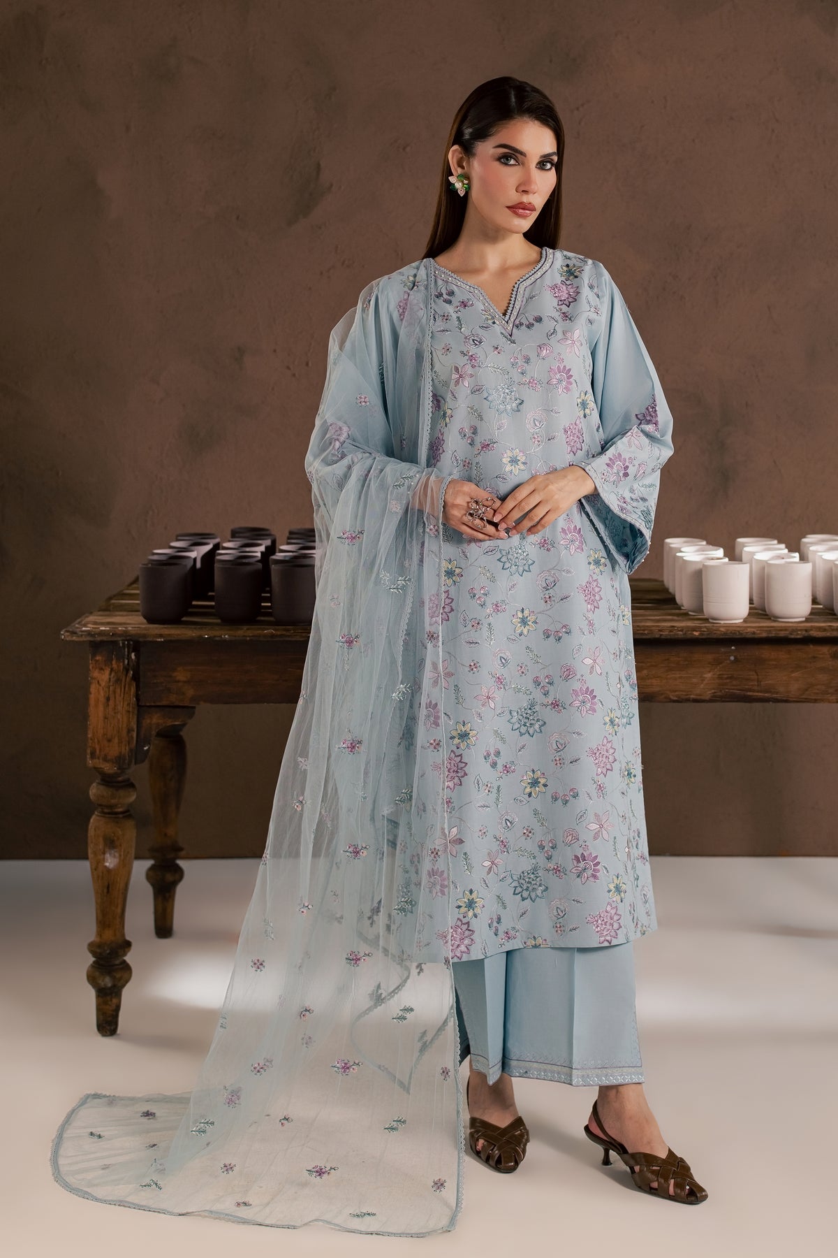 Breezy Blue 3Pc - Embroidered Cambric Pret