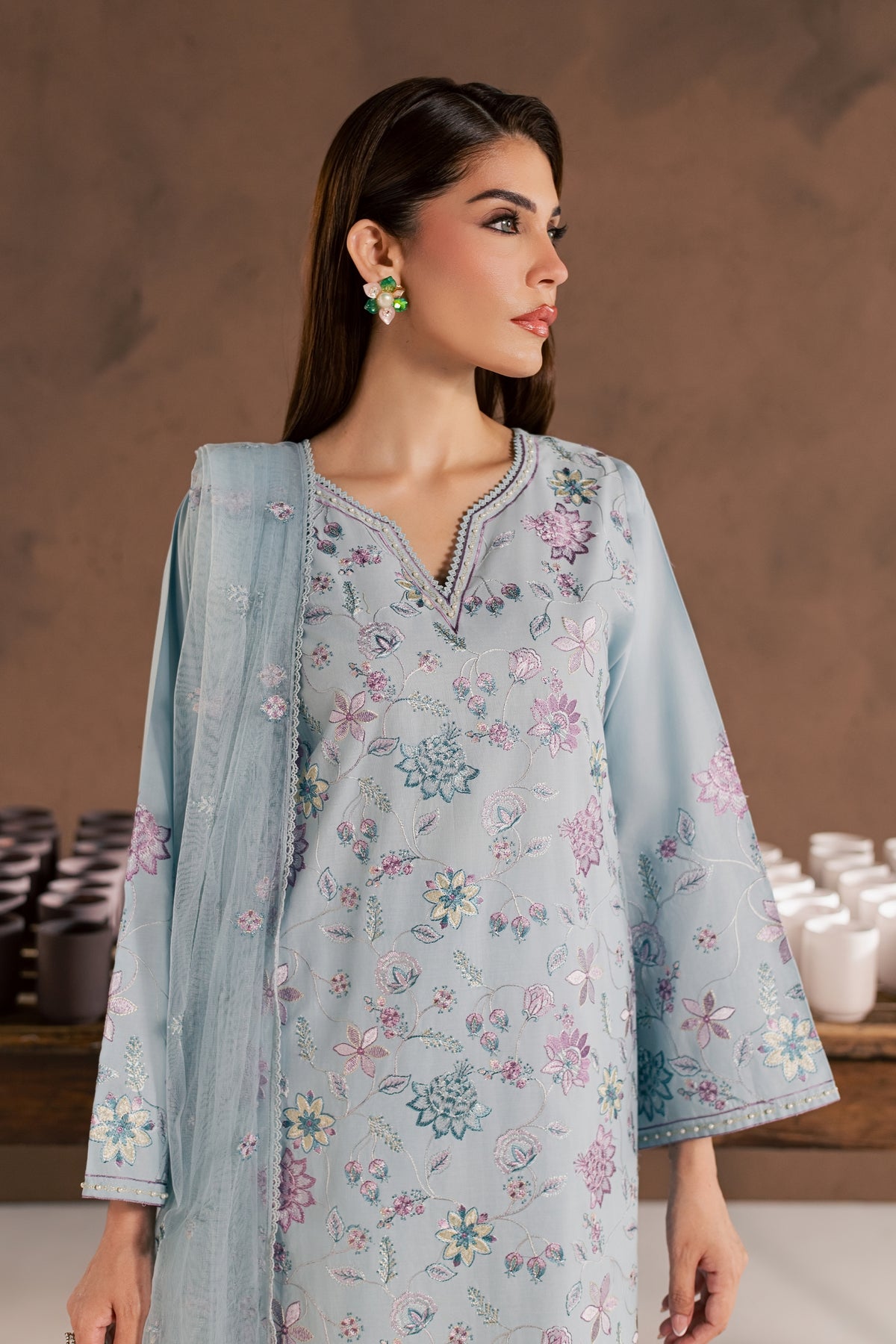 Breezy Blue 3Pc - Embroidered Cambric Pret